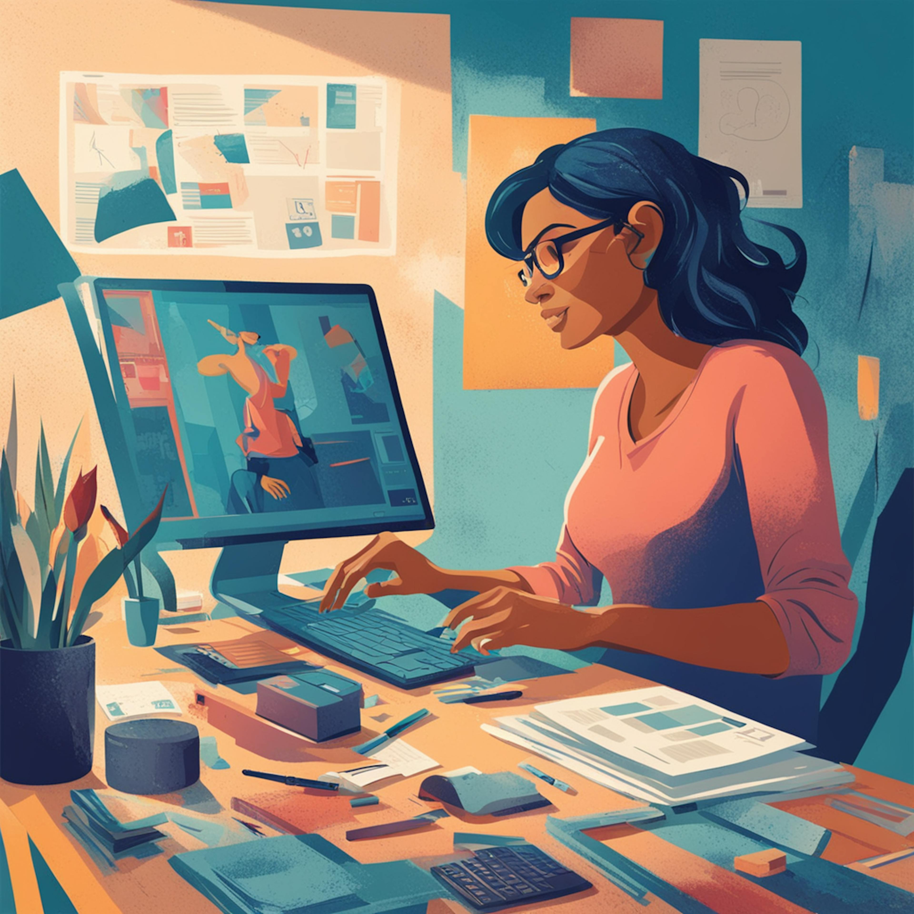 An illustration of a freelance designer working at a desk, focused on her computer screen. The workspace is filled with design tools, sketches, and color palettes, creating a vibrant and creative atmosphere. This scene exemplifies the dedication and attention to detail that freelance designers bring to creating websites, highlighting their ability to merge artistic skills with technical proficiency.