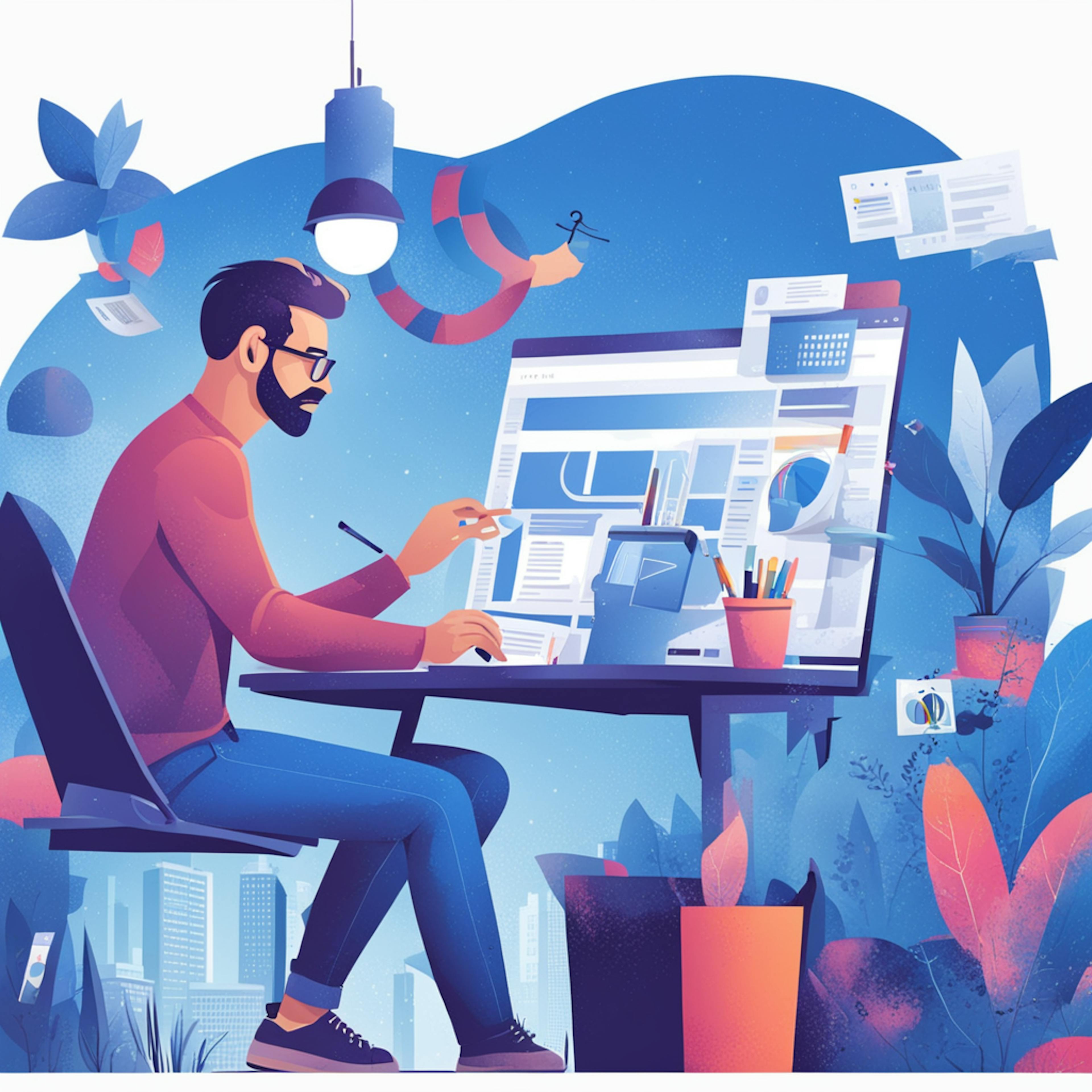 An illustration of a freelance designer working at a large computer screen, surrounded by plants and various design tools. The scene is vibrant and dynamic, reflecting creativity and productivity. This artwork perfectly encapsulates the environment of freelance designers creating websites, showcasing the blend of artistic talent and technical skill involved in their work.