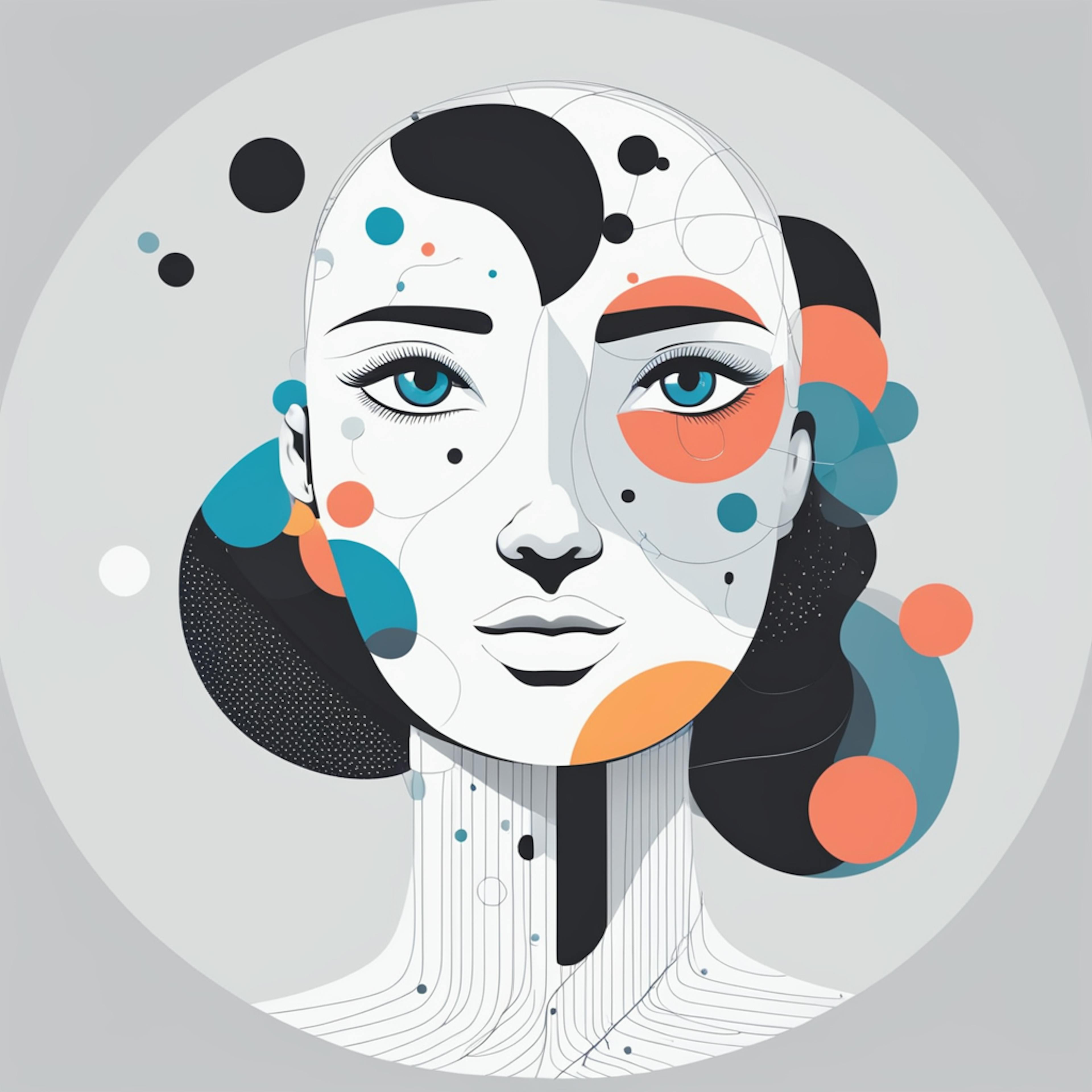 An abstract illustration of a woman's face, composed of geometric shapes and vibrant colors like blue, orange, and black. The design features intricate lines and patterns, creating a dynamic and captivating image. This artwork highlights the expertise involved in graphic design and branding services, showcasing how creative elements can be combined to produce visually stunning and effective brand visuals.