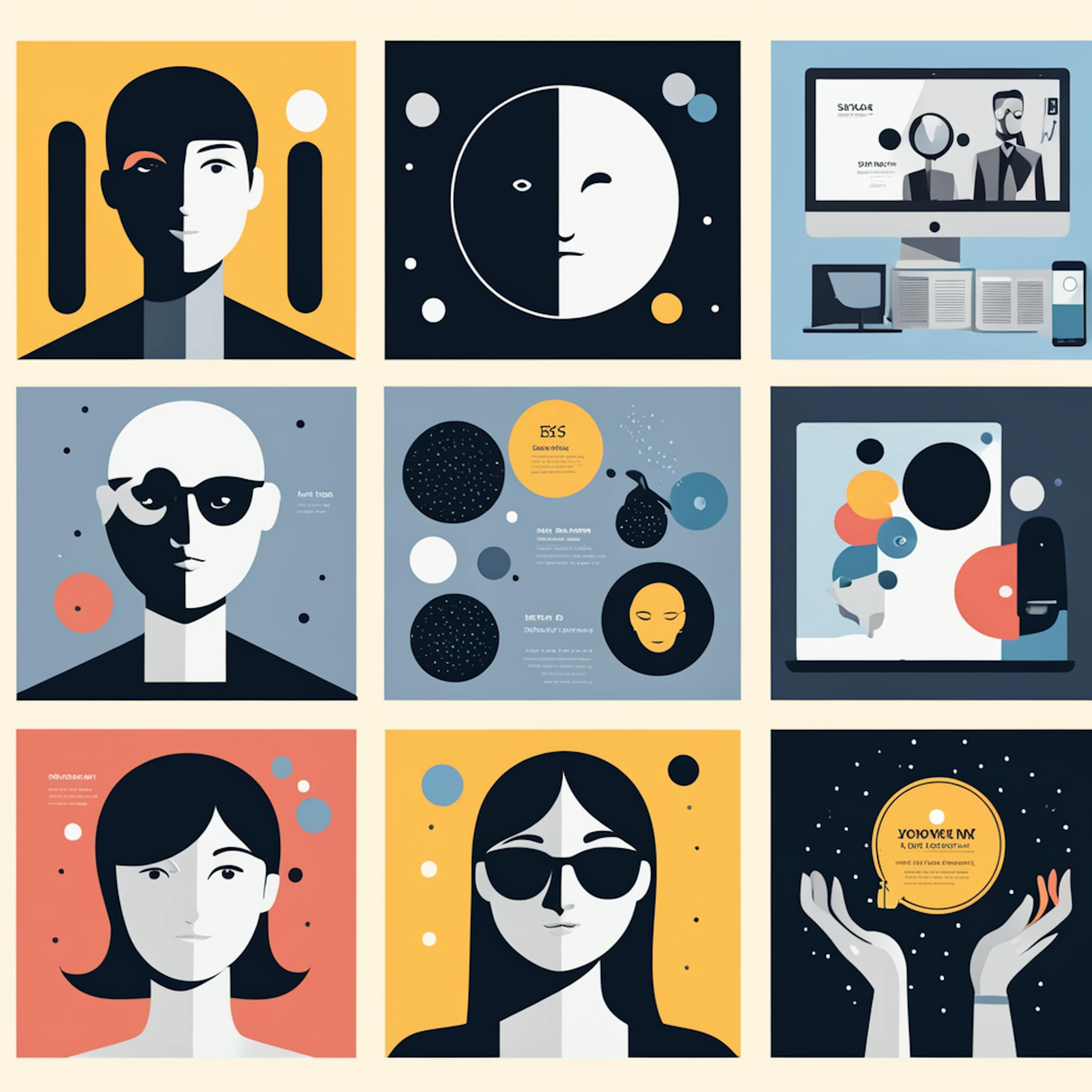 A grid of nine illustrations showcasing various abstract and minimalist designs. Each square contains unique elements such as geometric shapes, stylized faces, and tech-related imagery. The use of bold colors and clean lines creates a cohesive visual theme. This collection exemplifies the diverse capabilities of graphic design and branding services, highlighting how creative design can effectively communicate different messages and identities.