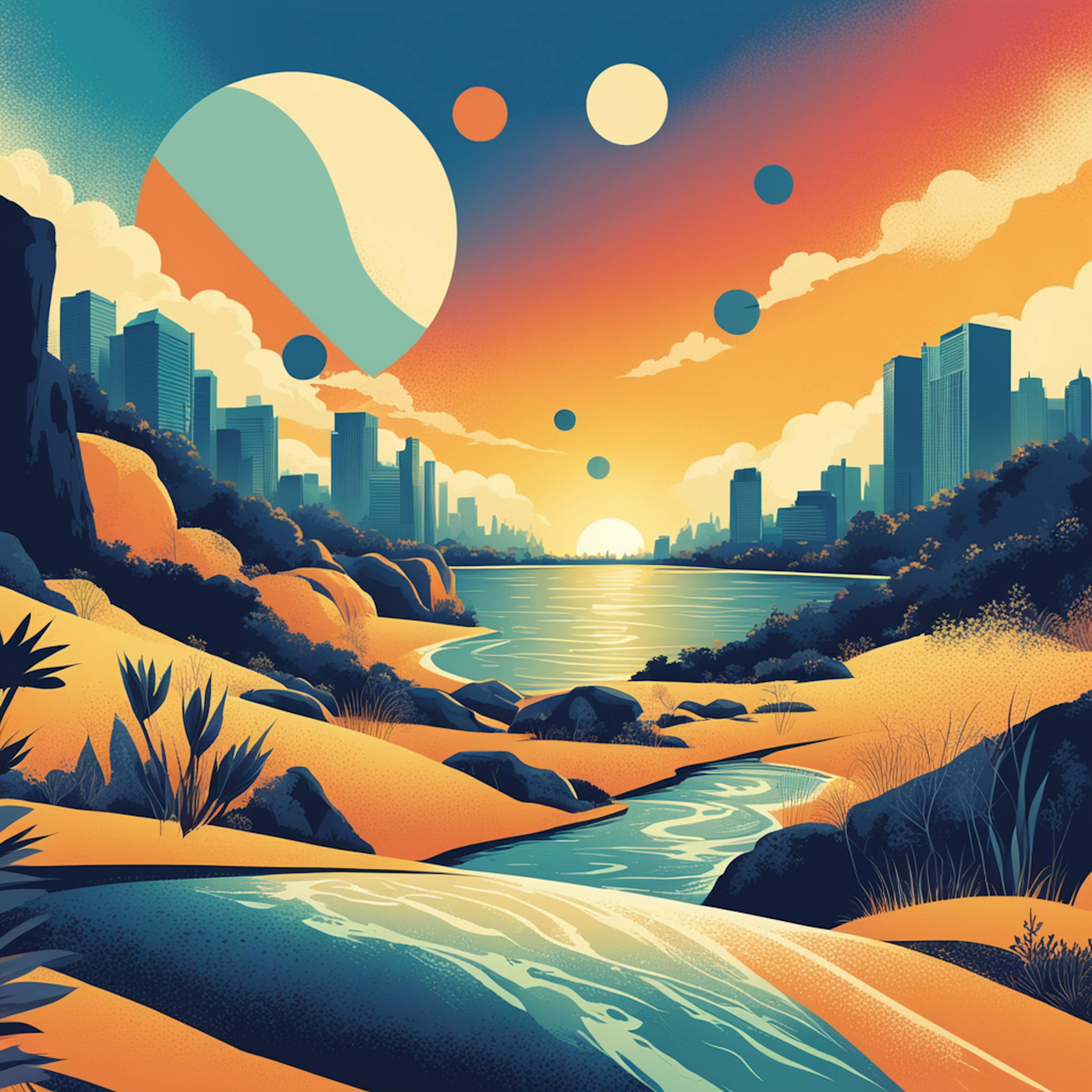 A vibrant, surreal illustration of a futuristic cityscape with a serene river flowing through it, framed by striking landscapes and multiple celestial bodies in the sky, epitomizing famous graphic design.