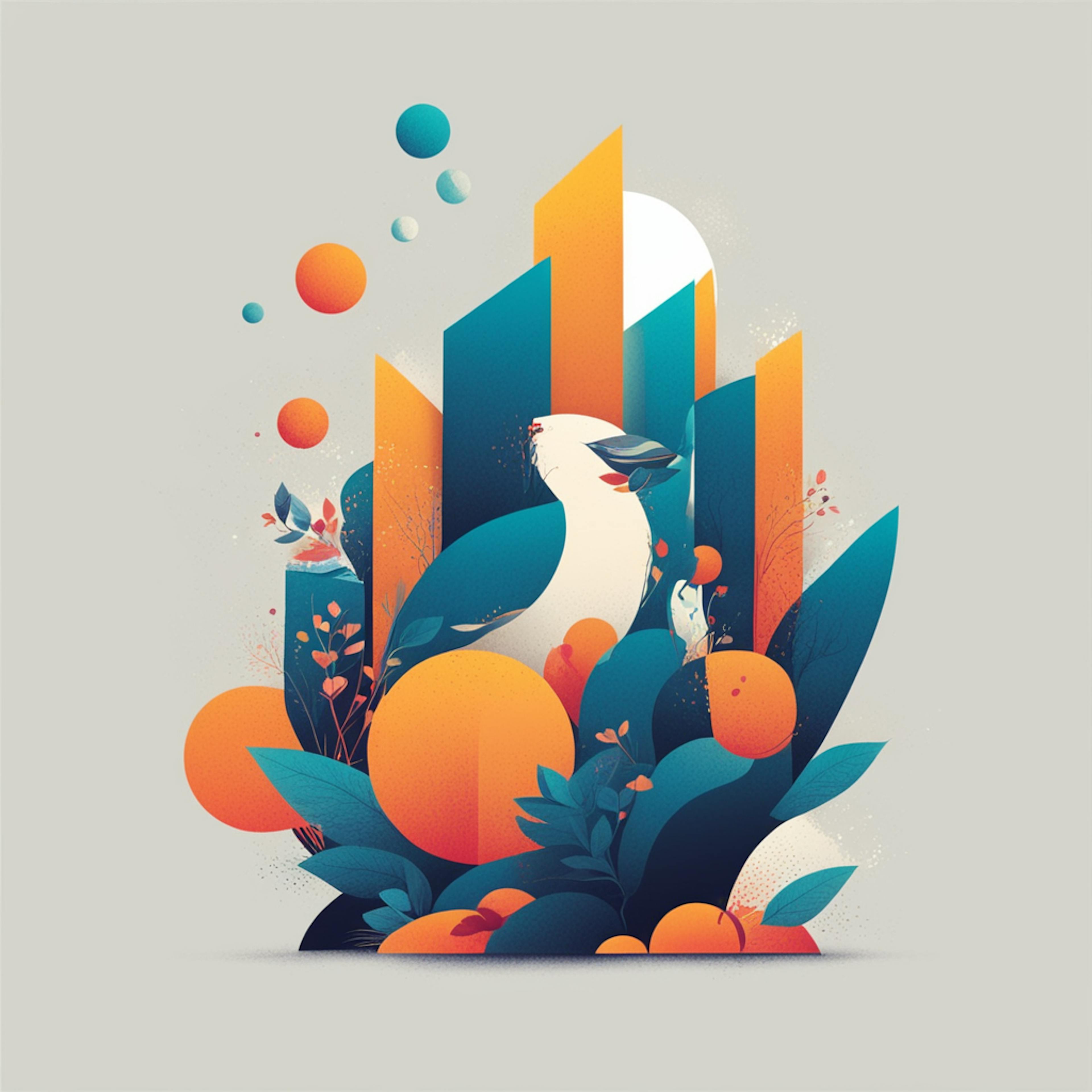 A vibrant, abstract illustration featuring geometric shapes, organic elements, and a stylized bird, representing famous graphic design.