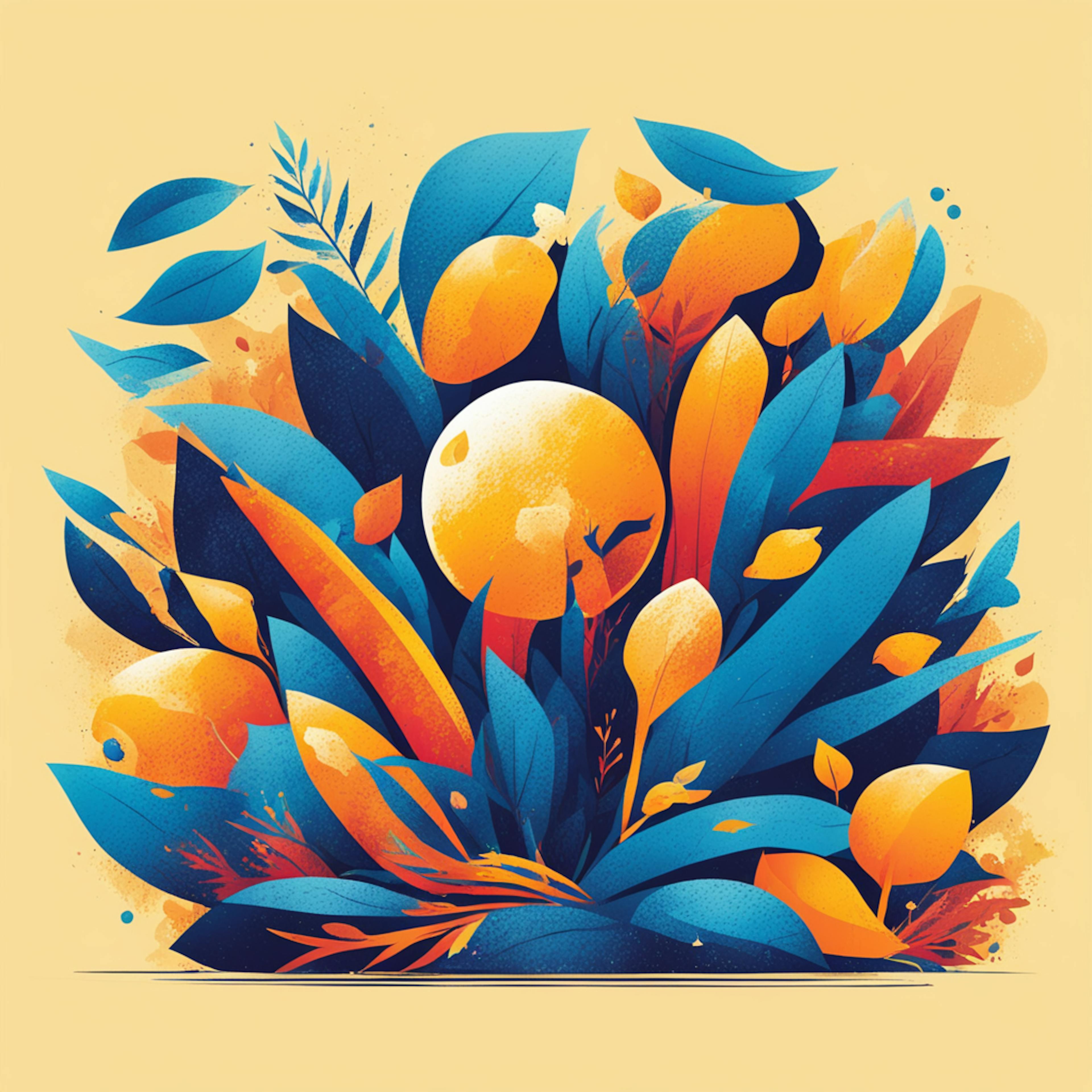 A colorful, abstract illustration featuring bold, vibrant shapes and leaves in blue, orange, and yellow hues, exemplifying famous graphic design.