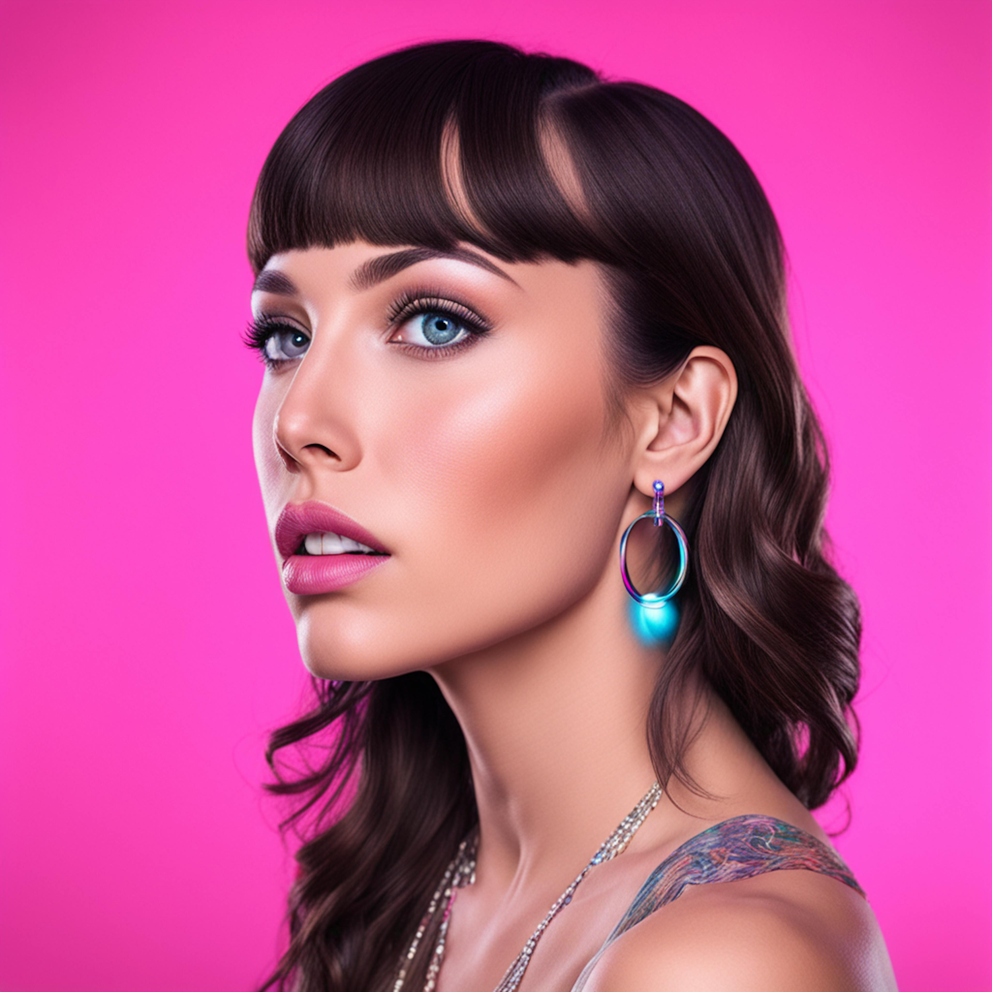 A striking advertising graphic design featuring a model with sleek dark hair and vibrant blue eyes, set against a vivid pink background. The design highlights the model's sophisticated earrings and elegant necklace, emphasizing a glamorous and attention-grabbing aesthetic.