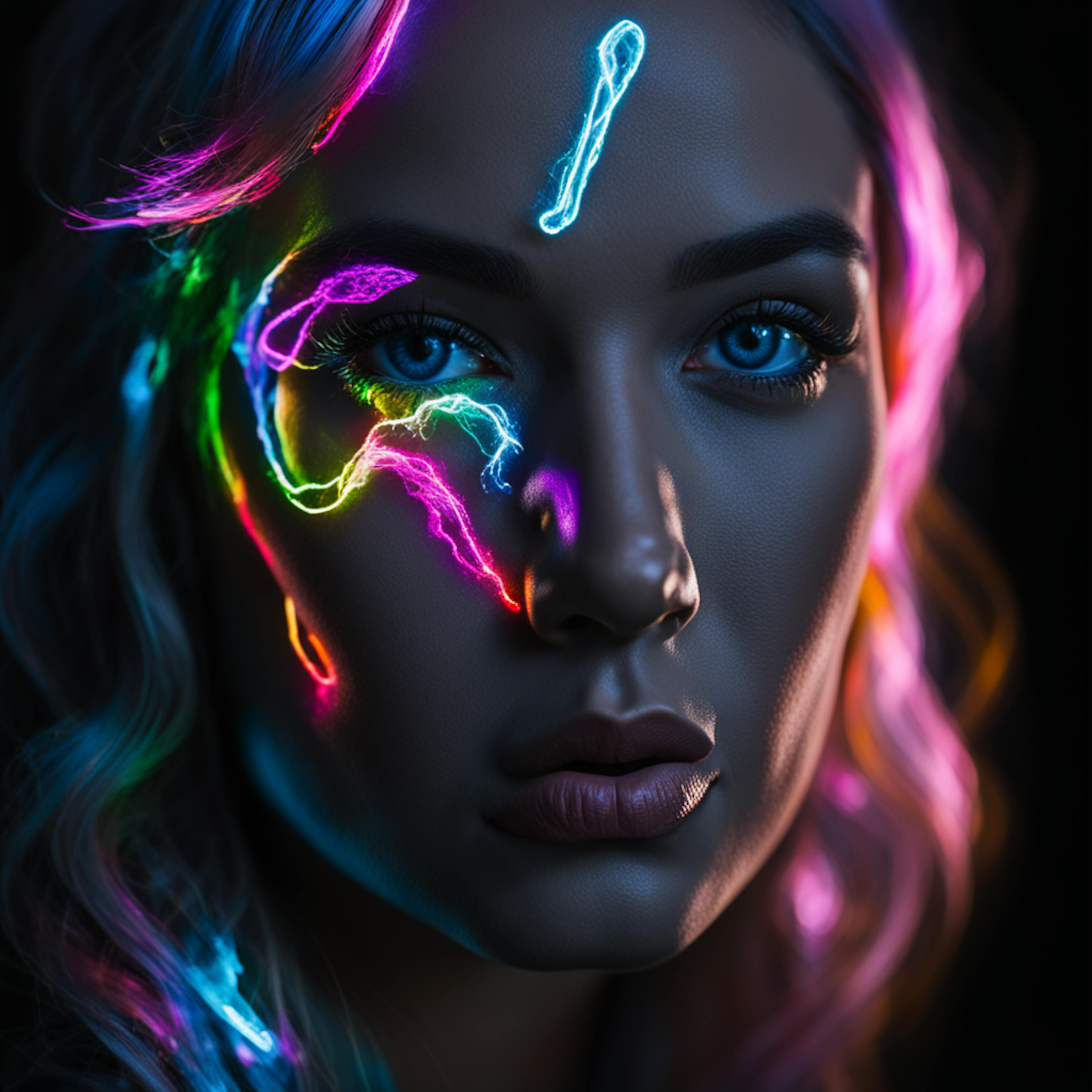 A striking advertising graphic design featuring a close-up of a woman's face illuminated with vibrant neon light streaks in various colors like pink, blue, and green. The neon lights create an electrifying and modern aesthetic, perfect for high-impact advertising campaigns.