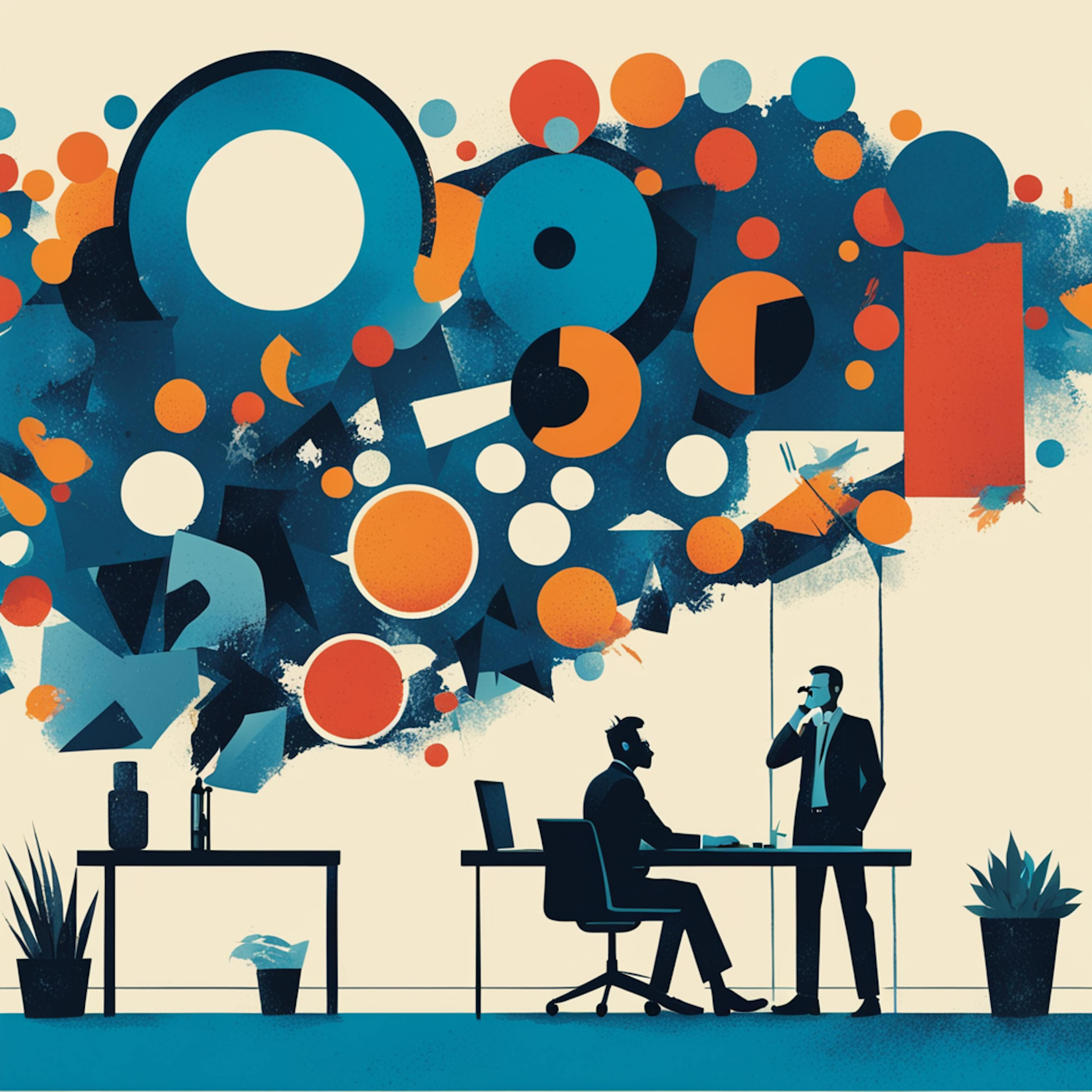 An abstract illustration of two people in a discussion, surrounded by vibrant, colorful shapes and patterns. This image represents the creative and dynamic environment of a graphic design consultant, highlighting the brainstorming and innovative thinking involved in their work.