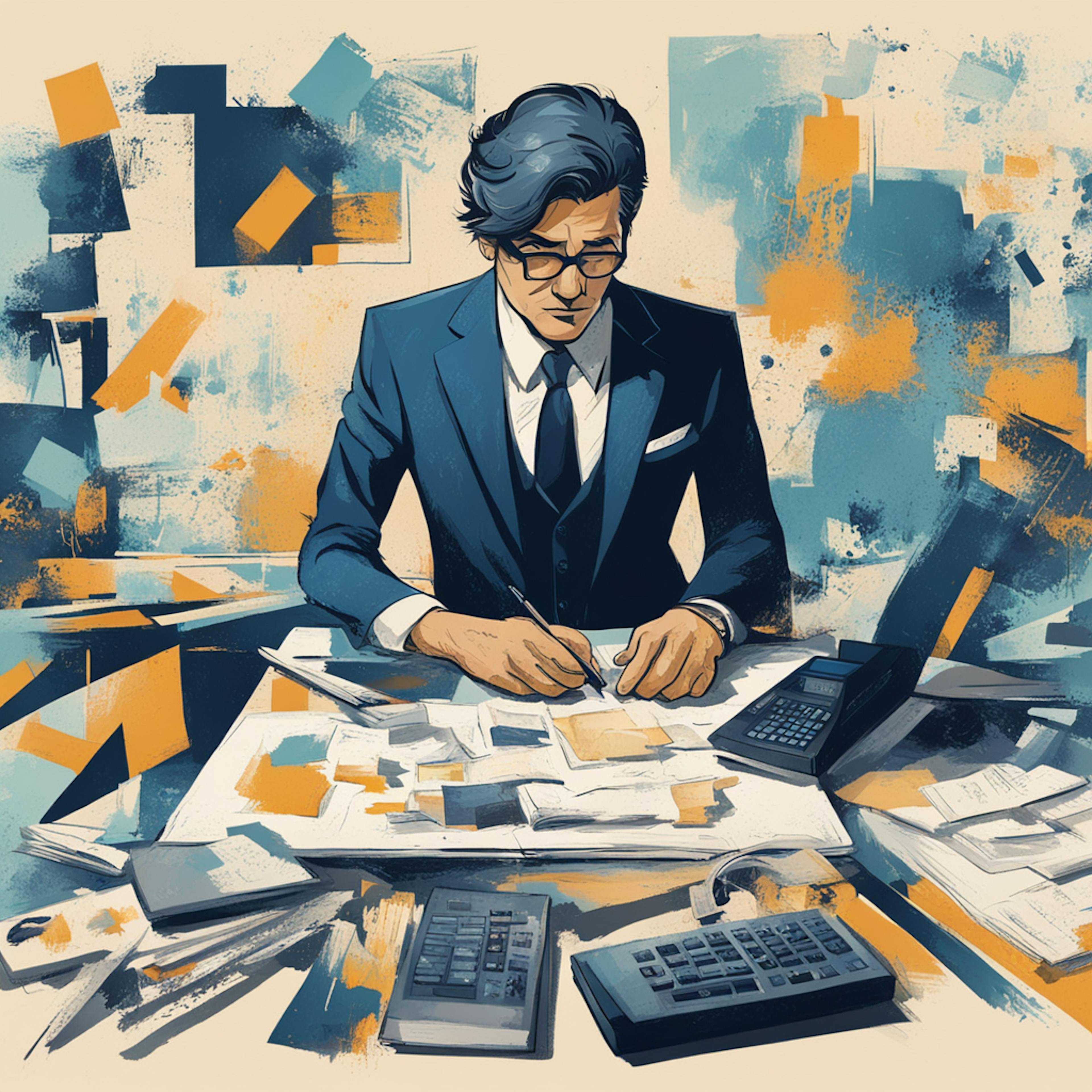 An illustration of a serious man in a suit working at a cluttered desk, surrounded by papers, calculators, and design materials. The background is filled with abstract shapes and colors, reflecting the creative process. This image captures the analytical and artistic aspects of a graphic design consultant, highlighting their role in developing strategic visual solutions for clients.