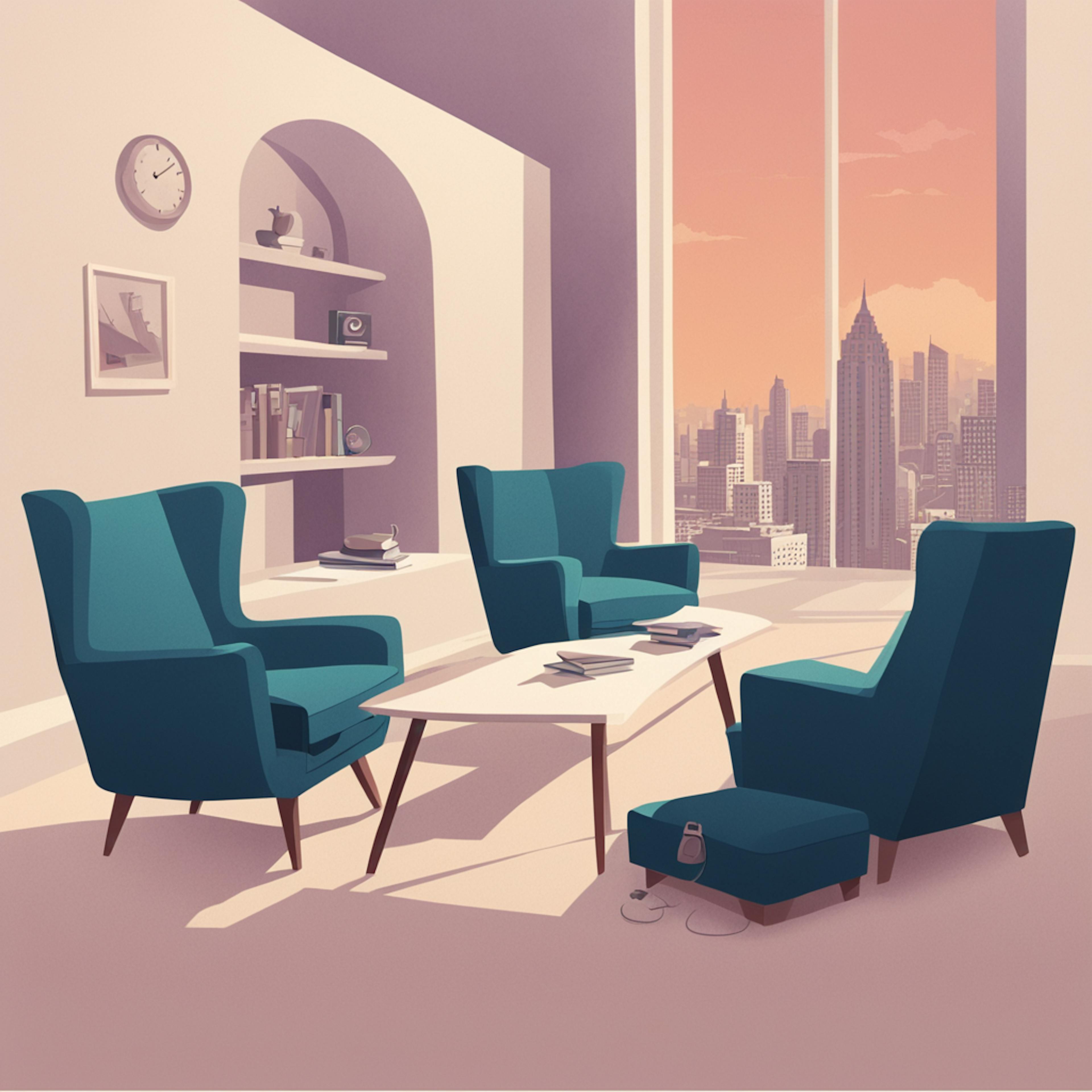 An illustration of a modern, stylish office lounge with teal chairs and a coffee table, set against a backdrop of large windows showcasing a city skyline at sunset. This serene and professional setting represents the comprehensive and sophisticated services included in graphic design package pricing.