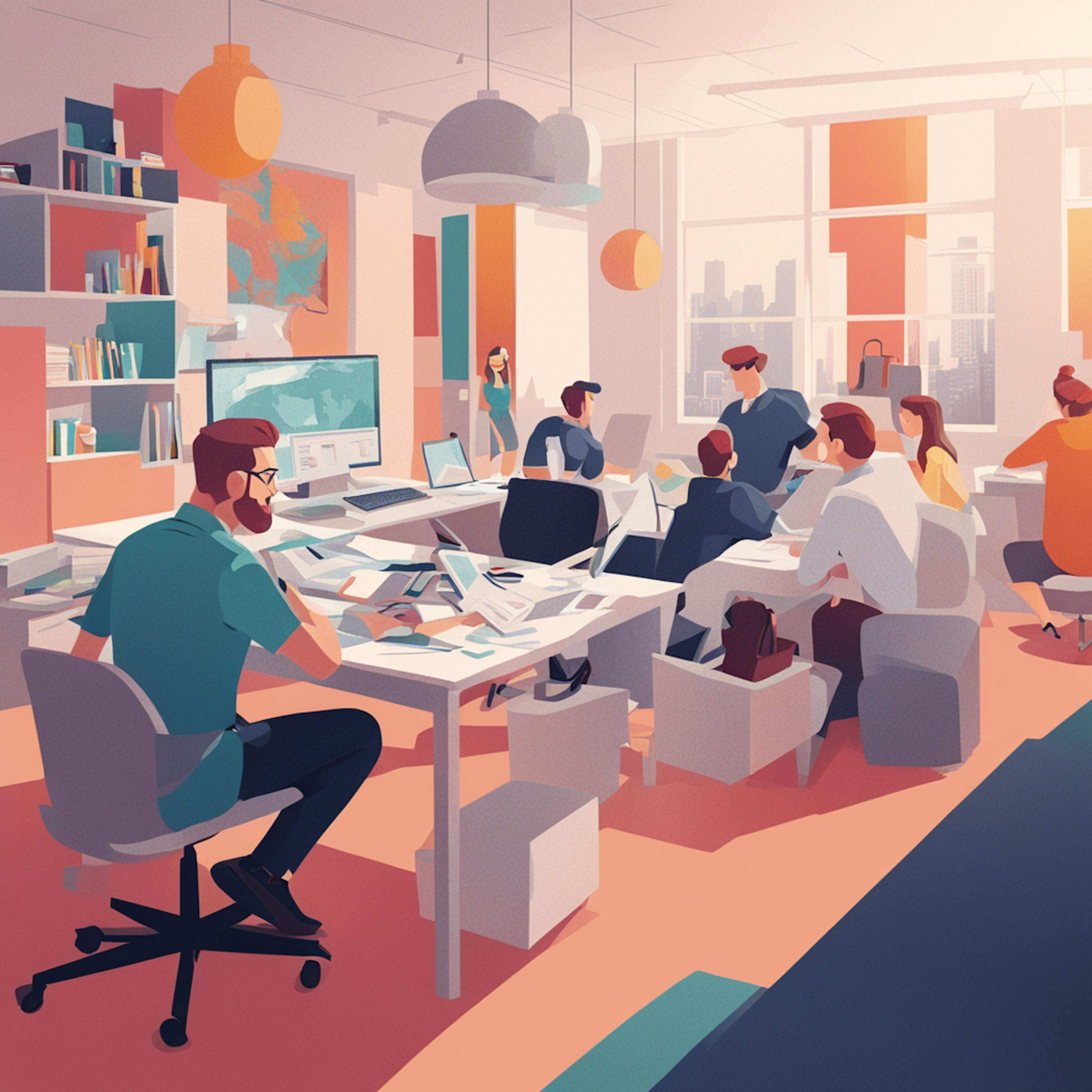 An illustration of a bustling, modern office filled with designers working on various projects, collaborating, and using computers. The scene is vibrant and dynamic, showcasing a productive work environment. This image represents the collaborative nature of graphic design and the comprehensive services included in graphic design package pricing.