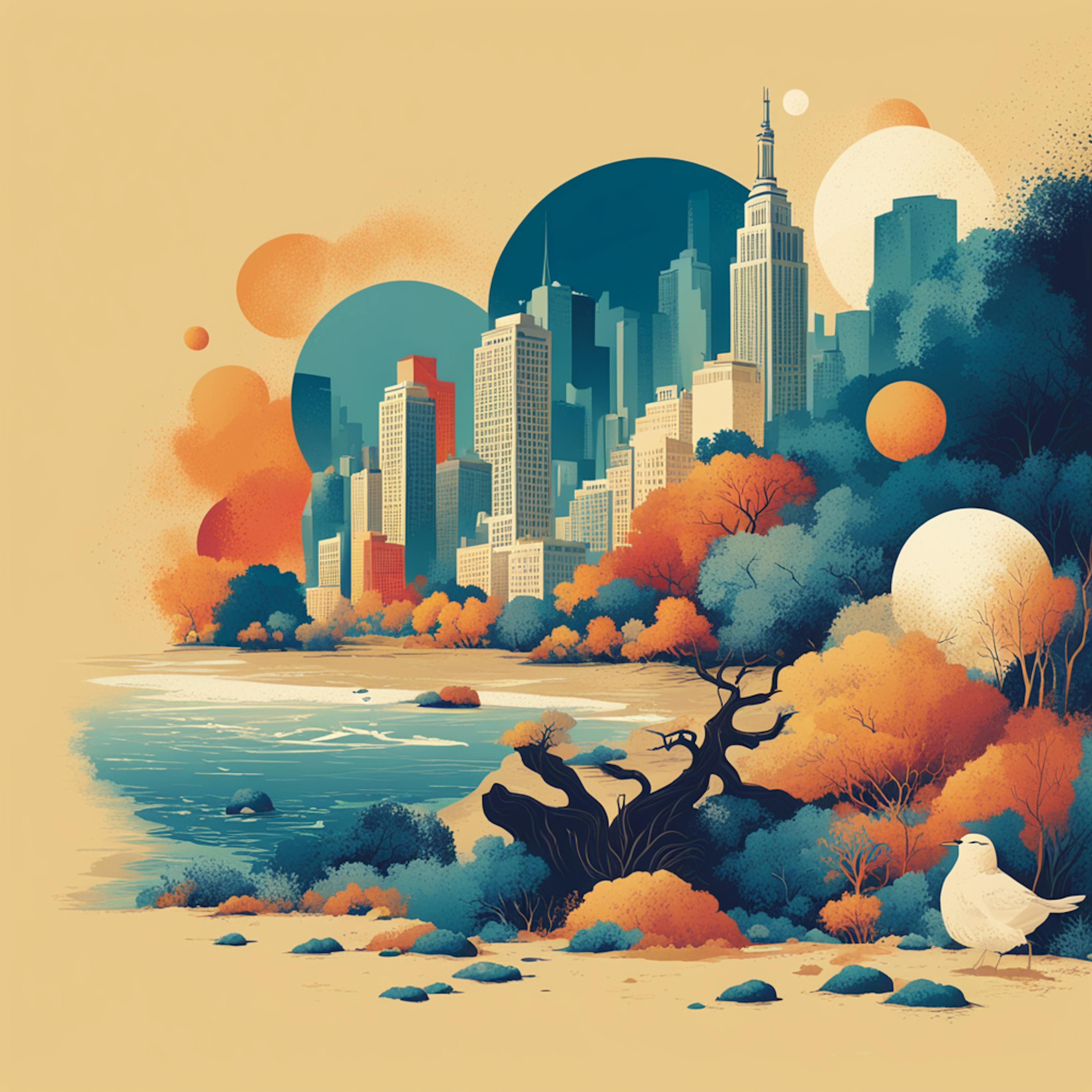  An illustration depicting a city skyline blending into a natural landscape with trees and a beach, filled with vibrant colors and abstract shapes. This image exemplifies the diverse and creative possibilities available through graphic design package pricing, highlighting how different elements can be integrated to create visually stunning compositions.