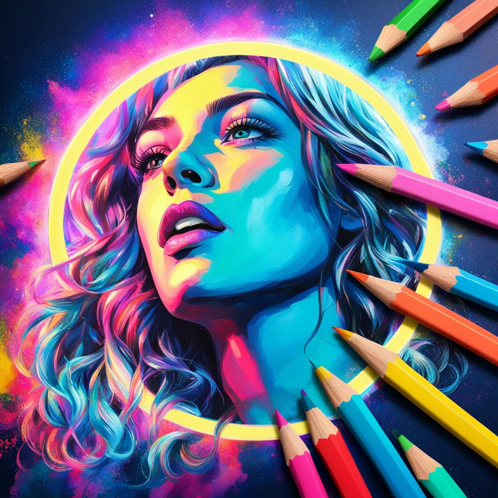 A vibrant and colorful illustration of a woman's face surrounded by glowing hues and artistic effects, complemented by an array of brightly colored pencils. This artwork showcases the creativity and detail involved in cool pencil drawings.