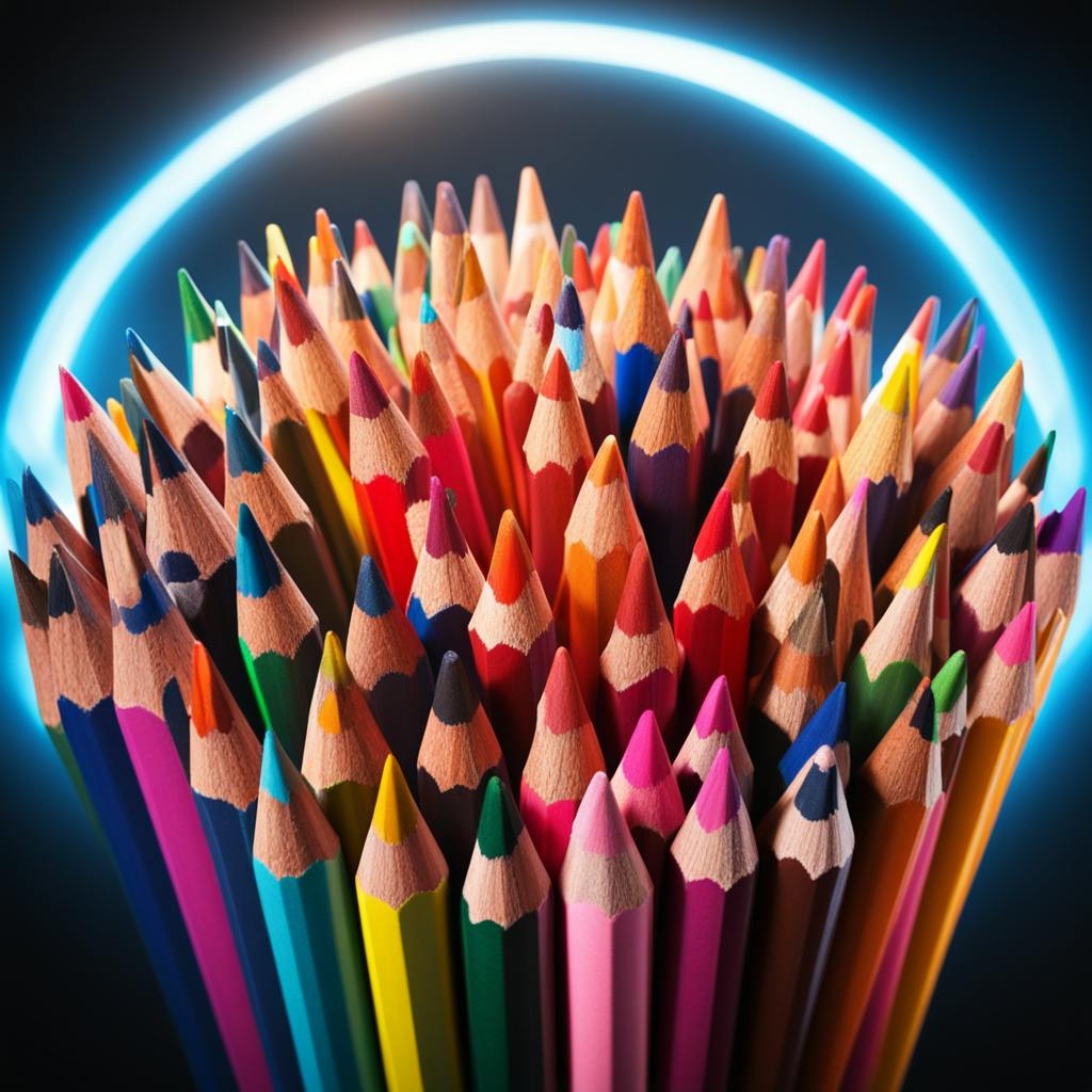 A vibrant and colorful assortment of sharpened pencils arranged closely together, glowing under a neon halo. This image highlights the tools used for creating cool pencil drawings, emphasizing the variety and vibrancy of colors available to artists.
