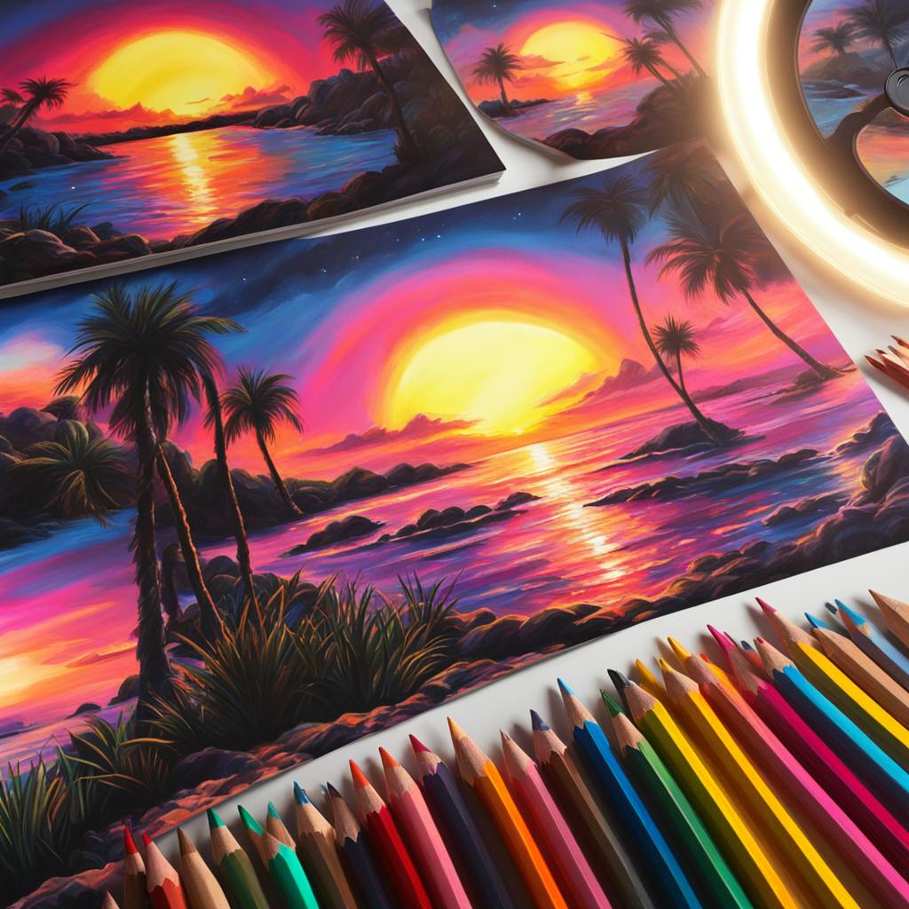 A vivid and colorful drawing of a tropical sunset with palm trees and a reflective ocean, created with colored pencils. The image is surrounded by an array of vibrant pencils, showcasing the tools and artistry involved in creating cool pencil drawings.