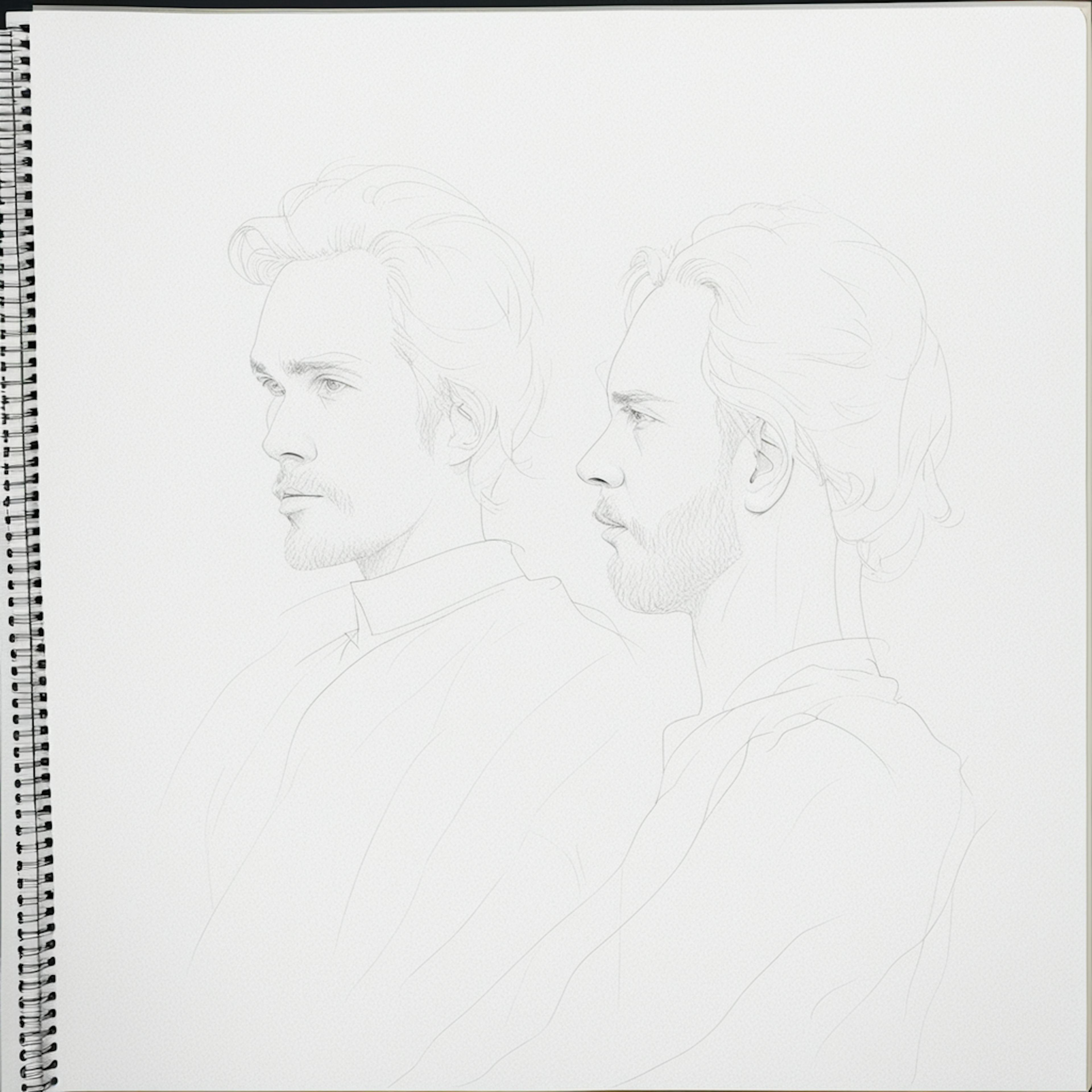 A simple pencil sketch of two male profiles, showcasing fine lines and minimal shading on a spiral-bound sketchbook. This drawing highlights the basics of easy pencil art, capturing the essence of the subjects with clean and precise strokes.