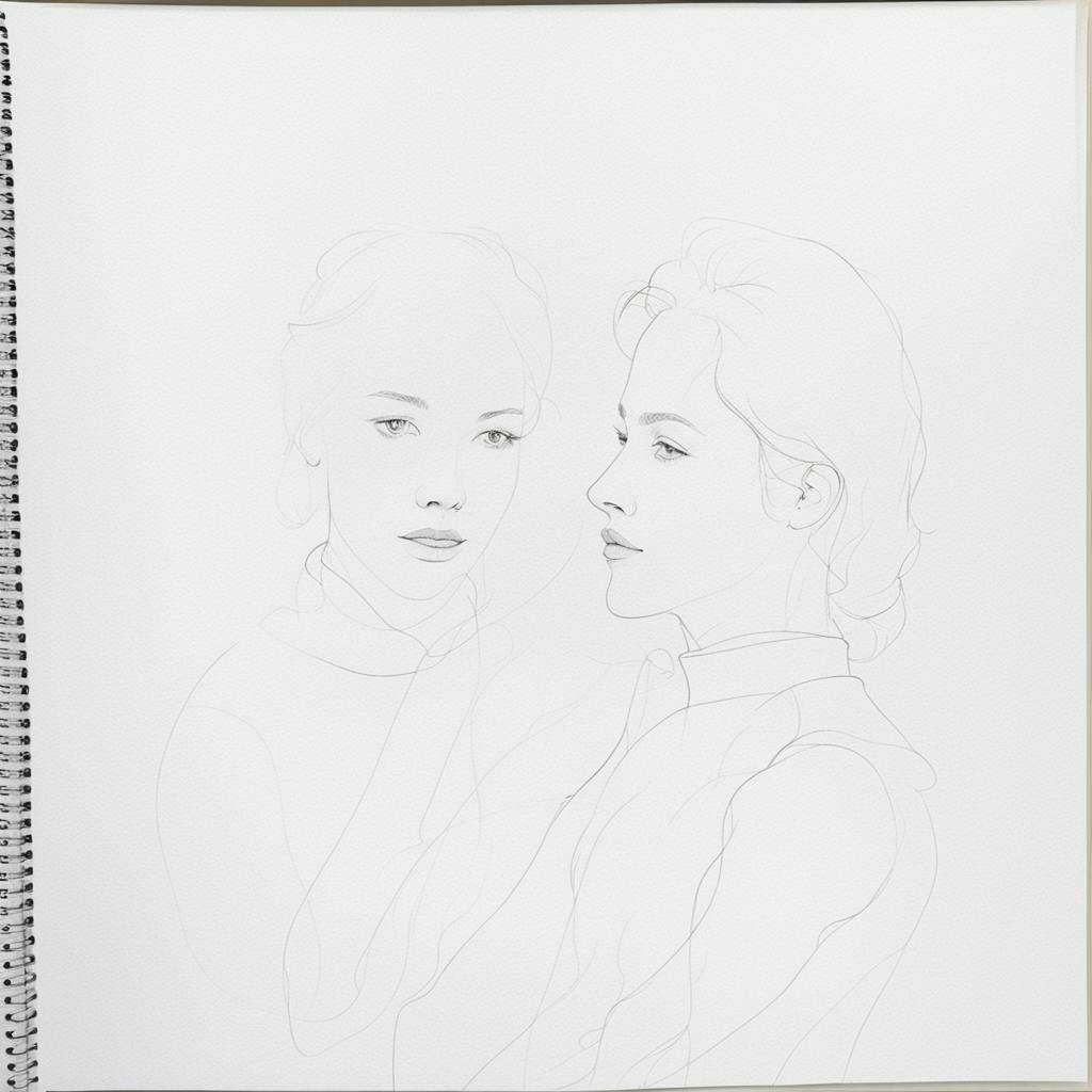A simple pencil sketch of two female faces, showcasing fine lines and minimal shading on a spiral-bound sketchbook. This artwork highlights the basics of easy pencil art, capturing the essence of the subjects with clean and precise strokes.