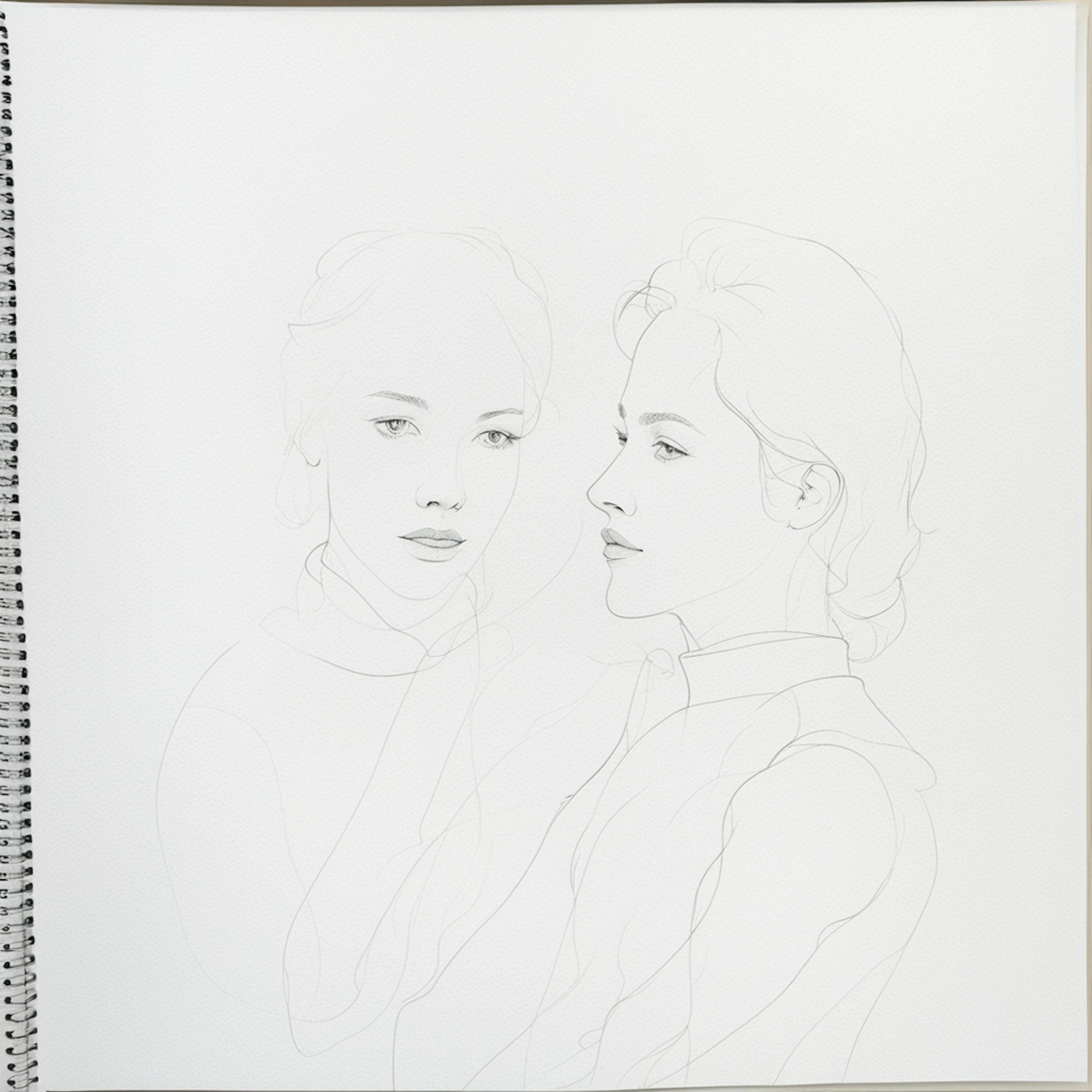 A simple pencil sketch of two female faces, showcasing fine lines and minimal shading on a spiral-bound sketchbook. This artwork highlights the basics of easy pencil art, capturing the essence of the subjects with clean and precise strokes.