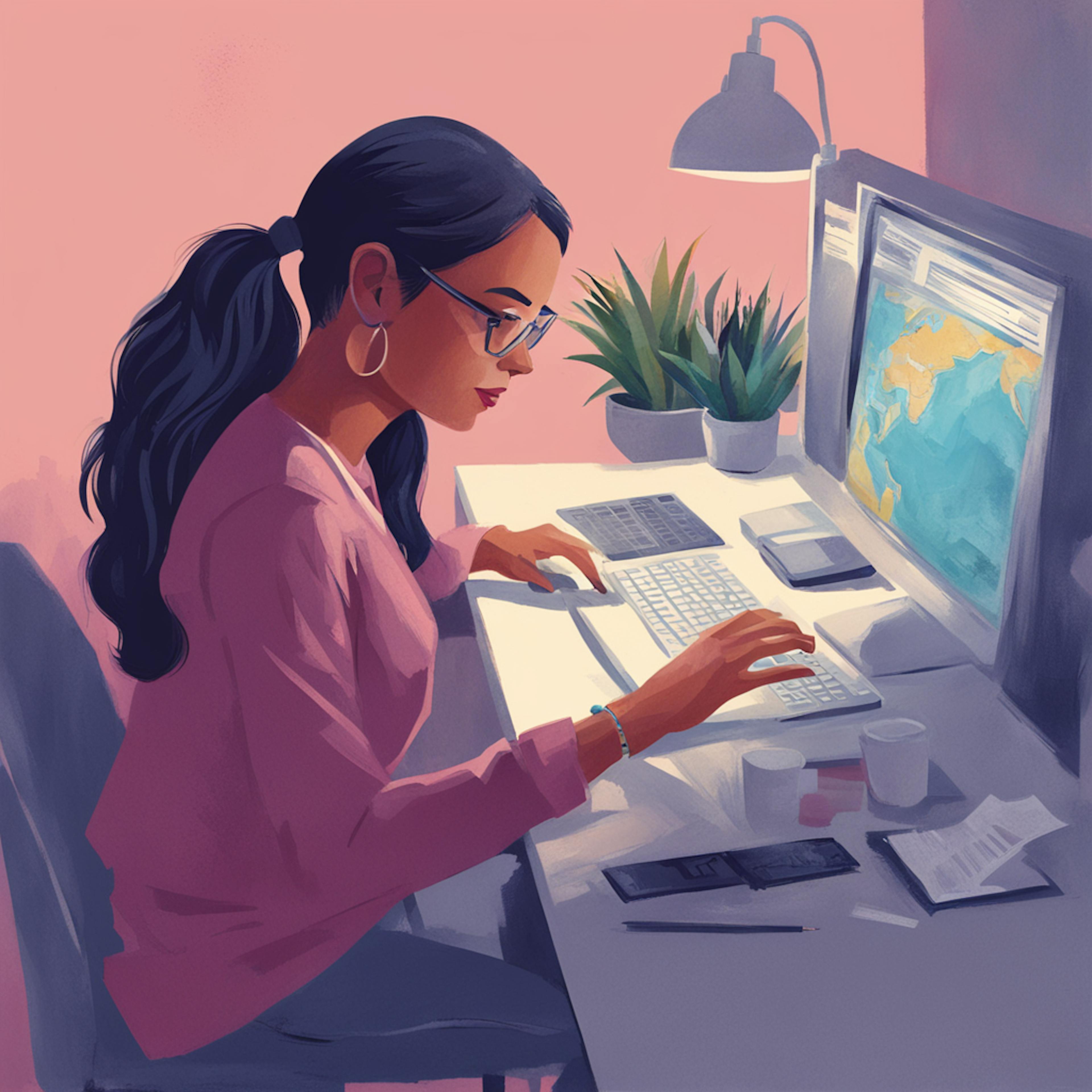 An illustration of a woman working on a computer at her desk, surrounded by plants and office supplies, in a well-lit and organized workspace. This image exemplifies the diverse and tailored solutions offered by graphic design packages.