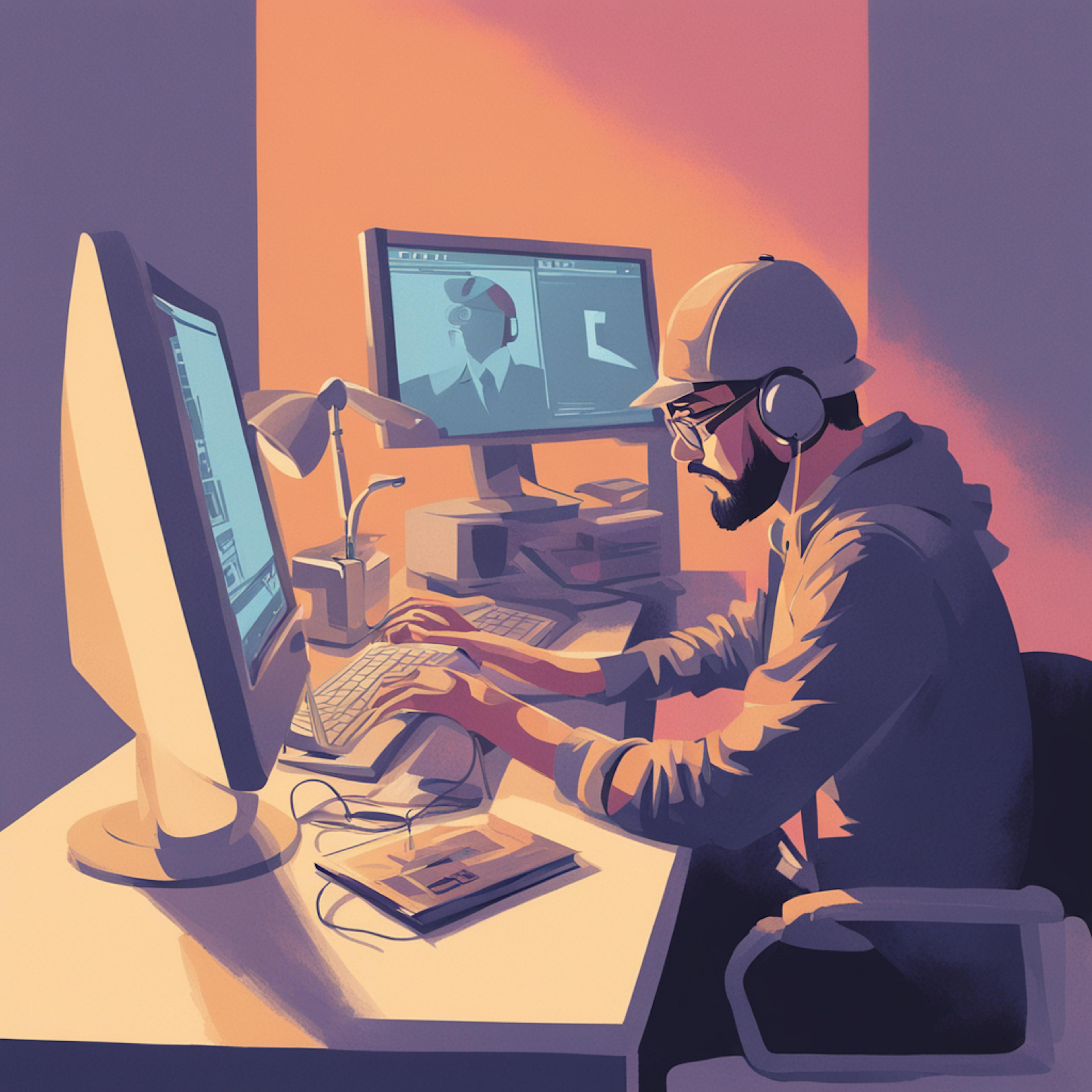 An illustration of a focused designer working on a computer with multiple screens, depicting various design elements. The scene is set in a creative workspace with warm and cool lighting. This image represents the comprehensive and versatile nature of graphic design packages.