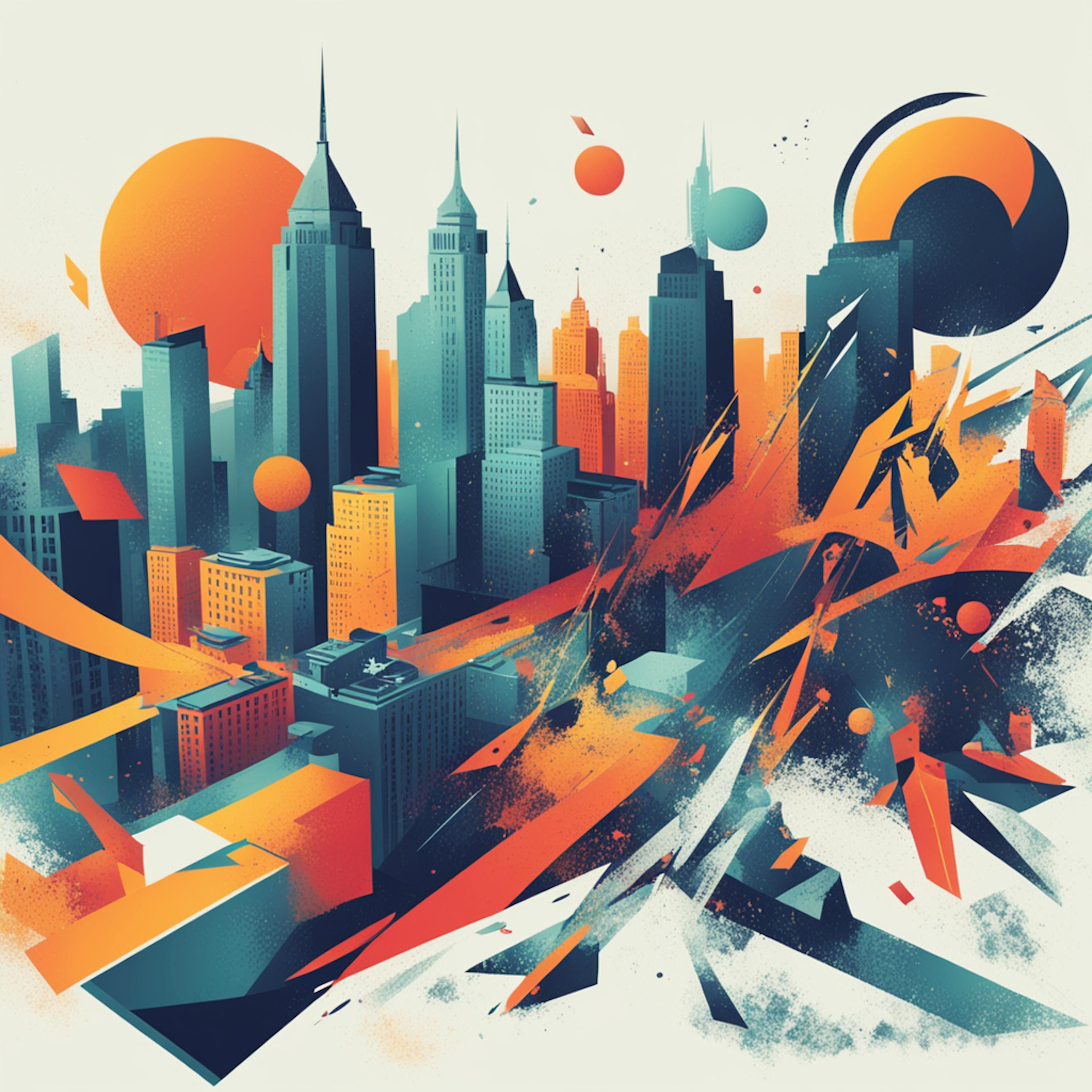 A vibrant, abstract illustration of a cityscape with dynamic shapes and colors, representing the energy and creativity involved in learning how to create web animations.