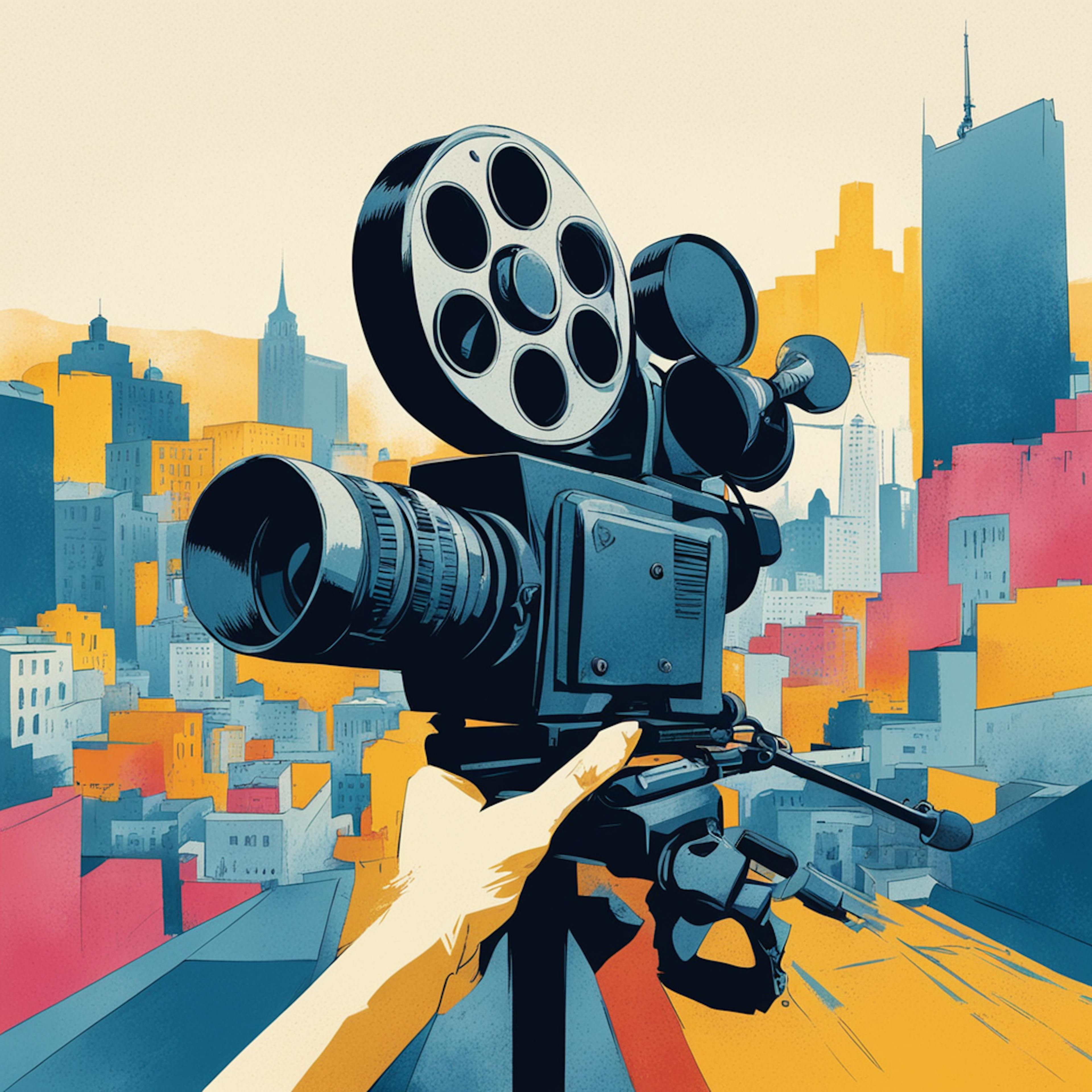 A vibrant illustration featuring a large vintage film camera overlooking a colorful, abstract cityscape, symbolizing the creative process involved in learning how to create web animations.