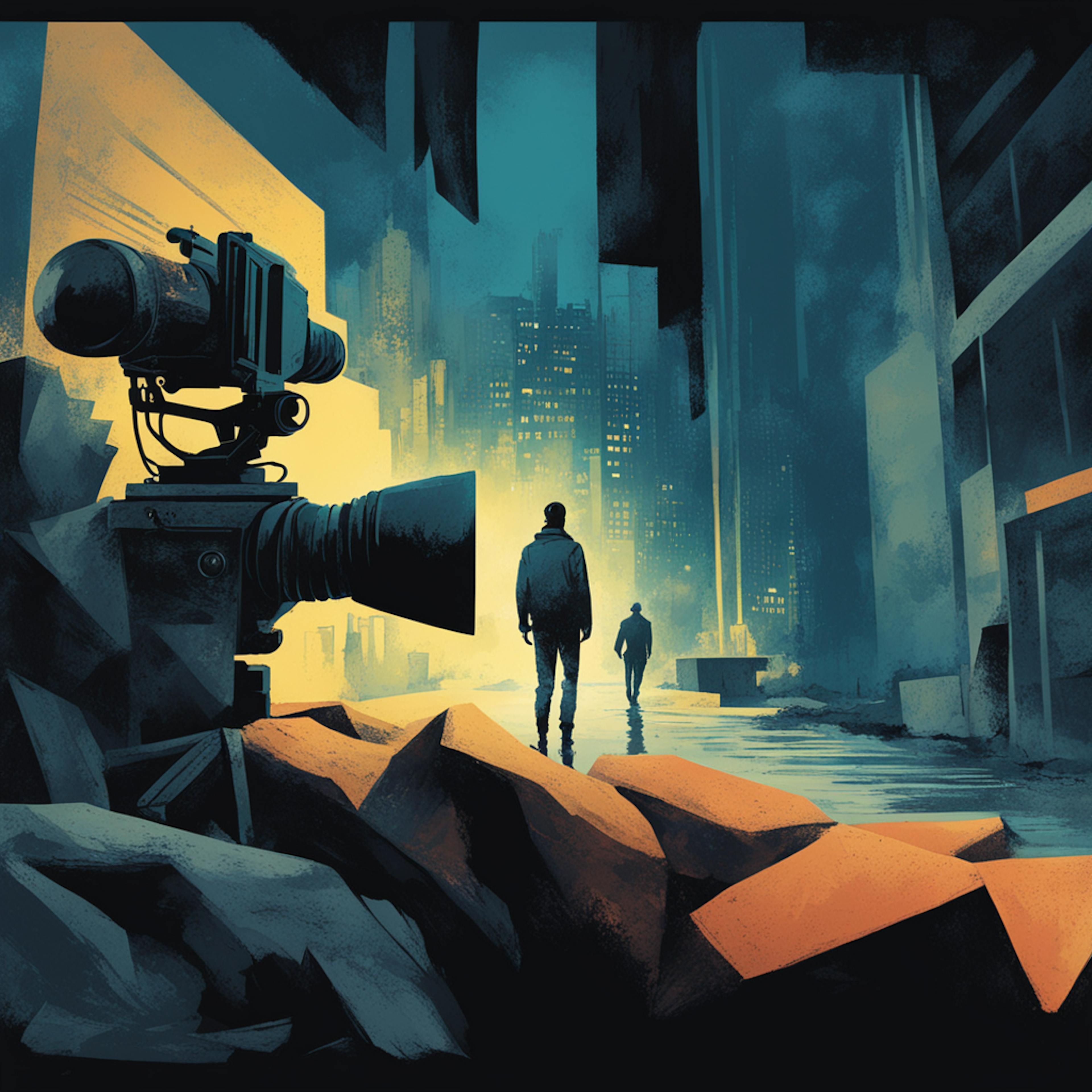 An illustration of a cityscape at night with dramatic lighting, showing a camera set up in the foreground while two figures walk towards a distant light, symbolizing the process and creativity involved in learning how to create web animations.