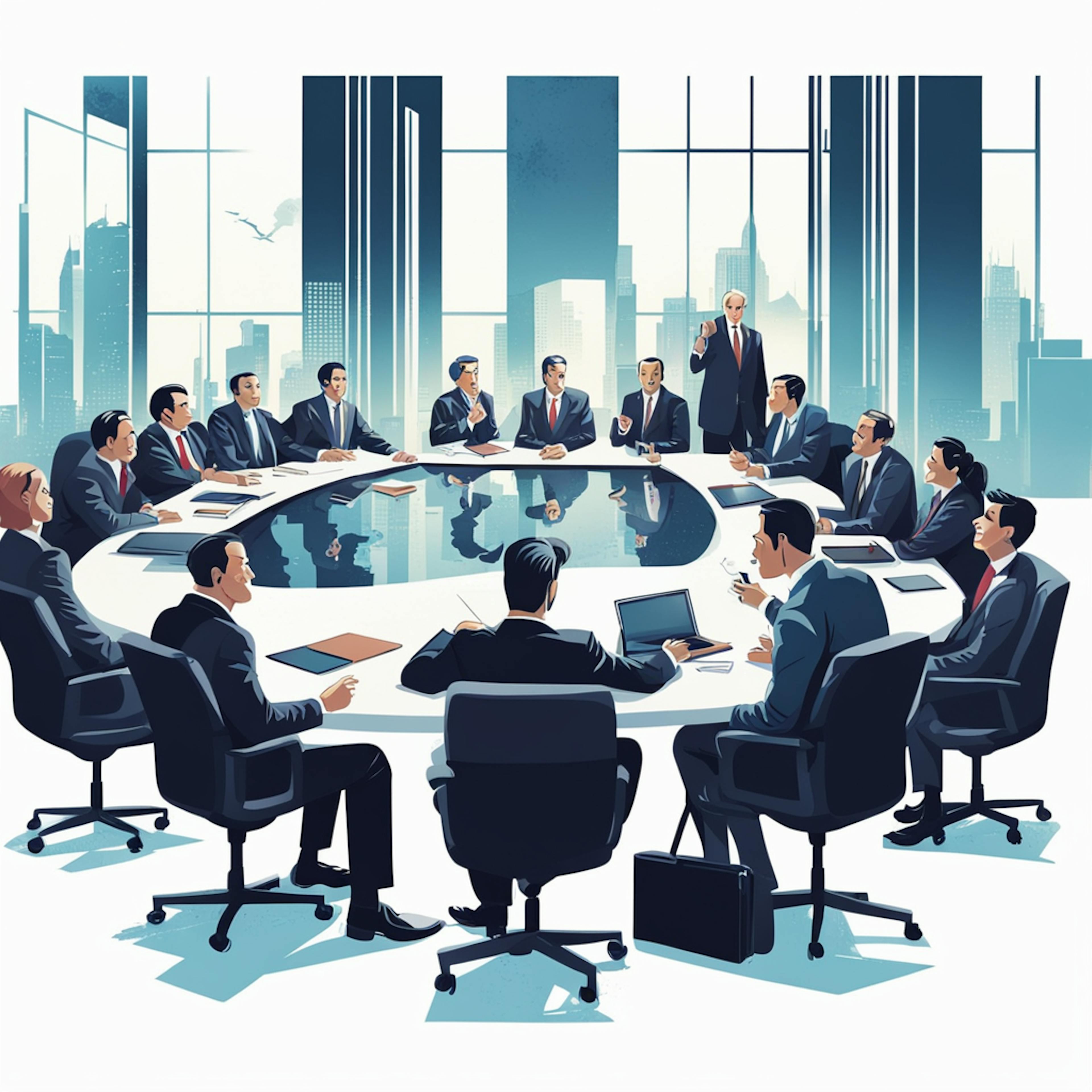 A professional boardroom scene with business executives in a meeting, highlighting the collaborative and strategic planning required in understanding how to set up a business website effectively.