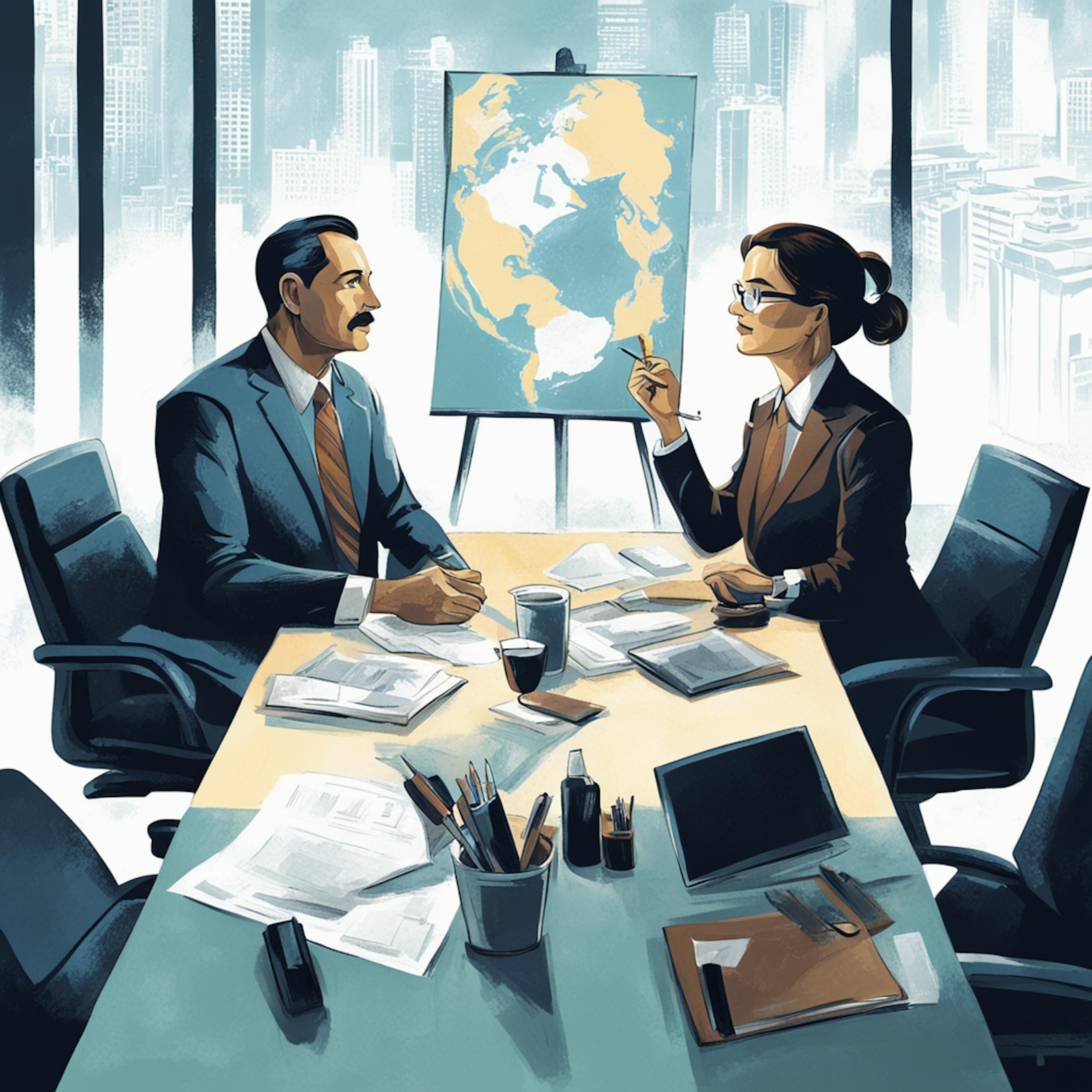 A professional boardroom scene with business executives in a meeting, highlighting the collaborative and strategic planning required in understanding how to set up a business website effectively.