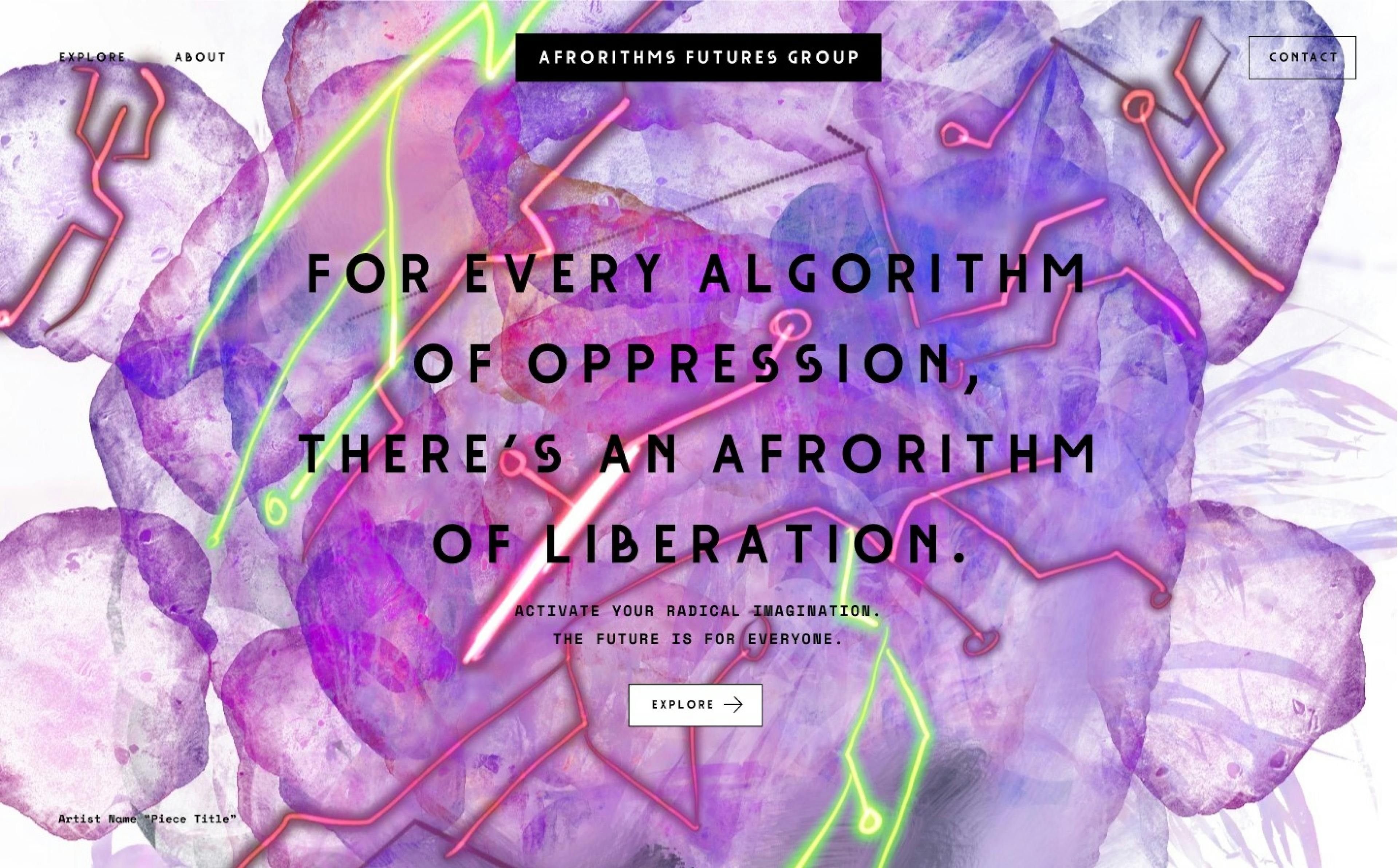 The homepage of the Afrorithms Futures Group website featuring abstract shapes.