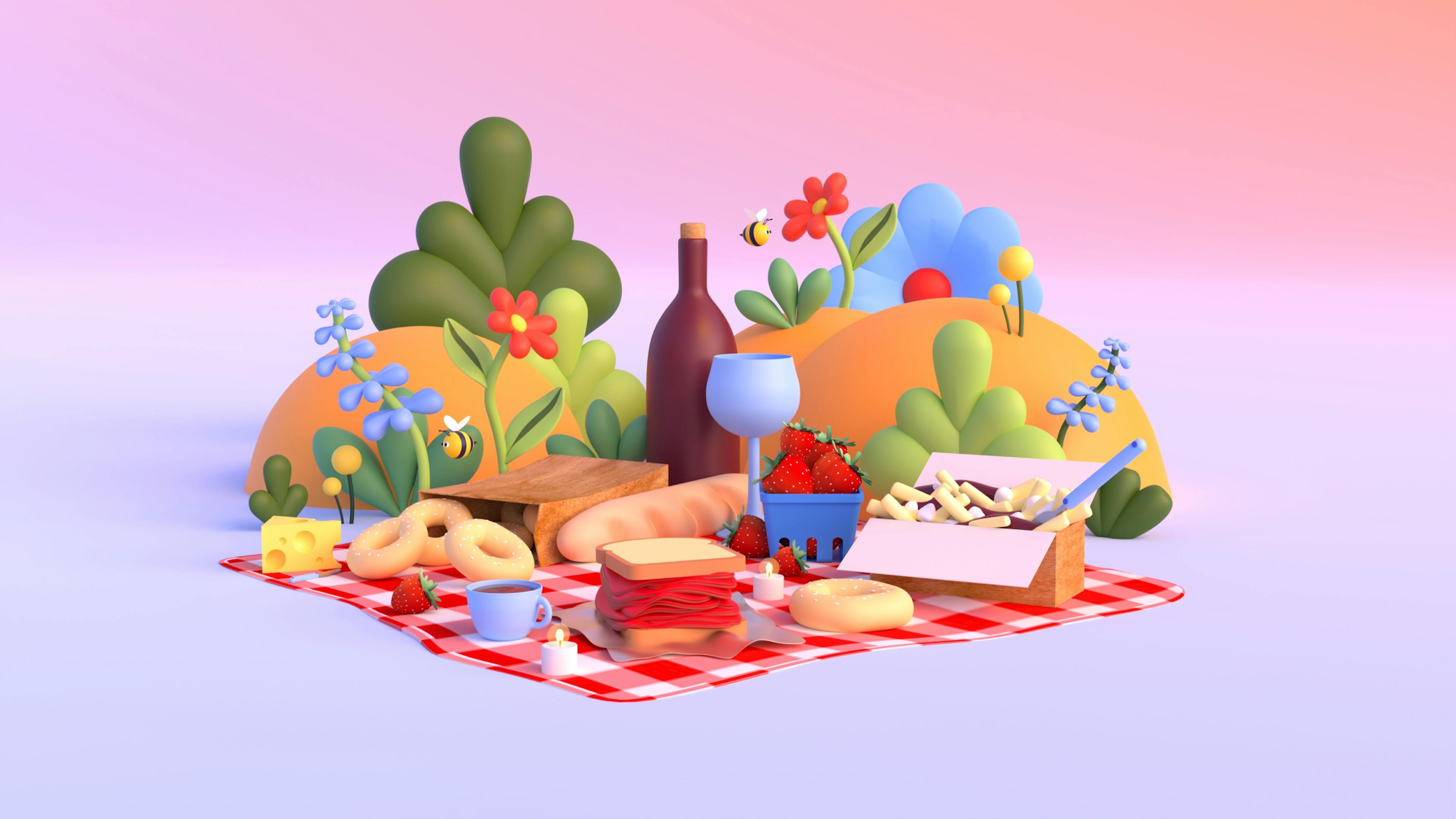 A 3D illustration of a food spread out o a picnic blanket.
