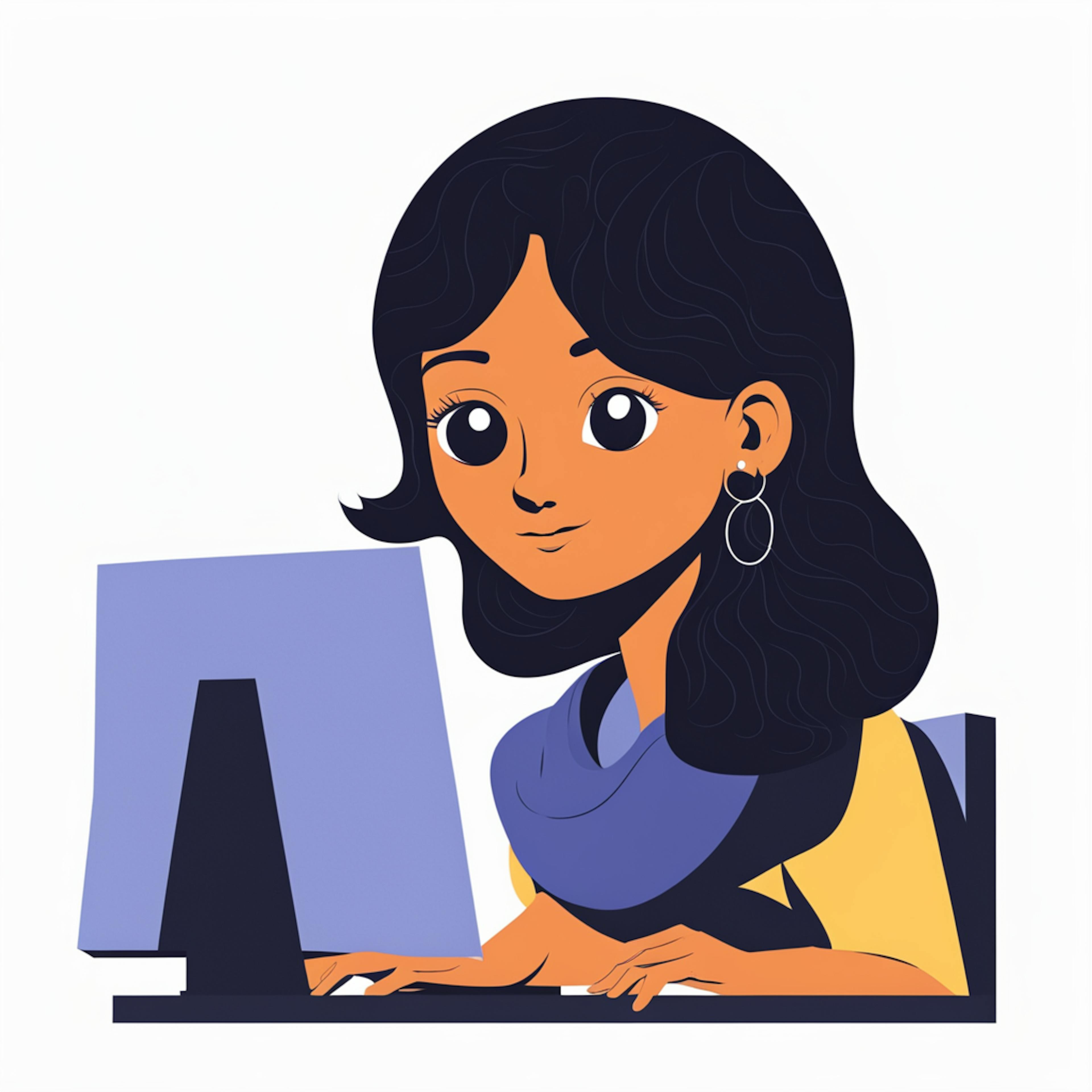 A cartoon illustration of a person working on a computer, wearing earrings and a scarf. Audio marketing services.