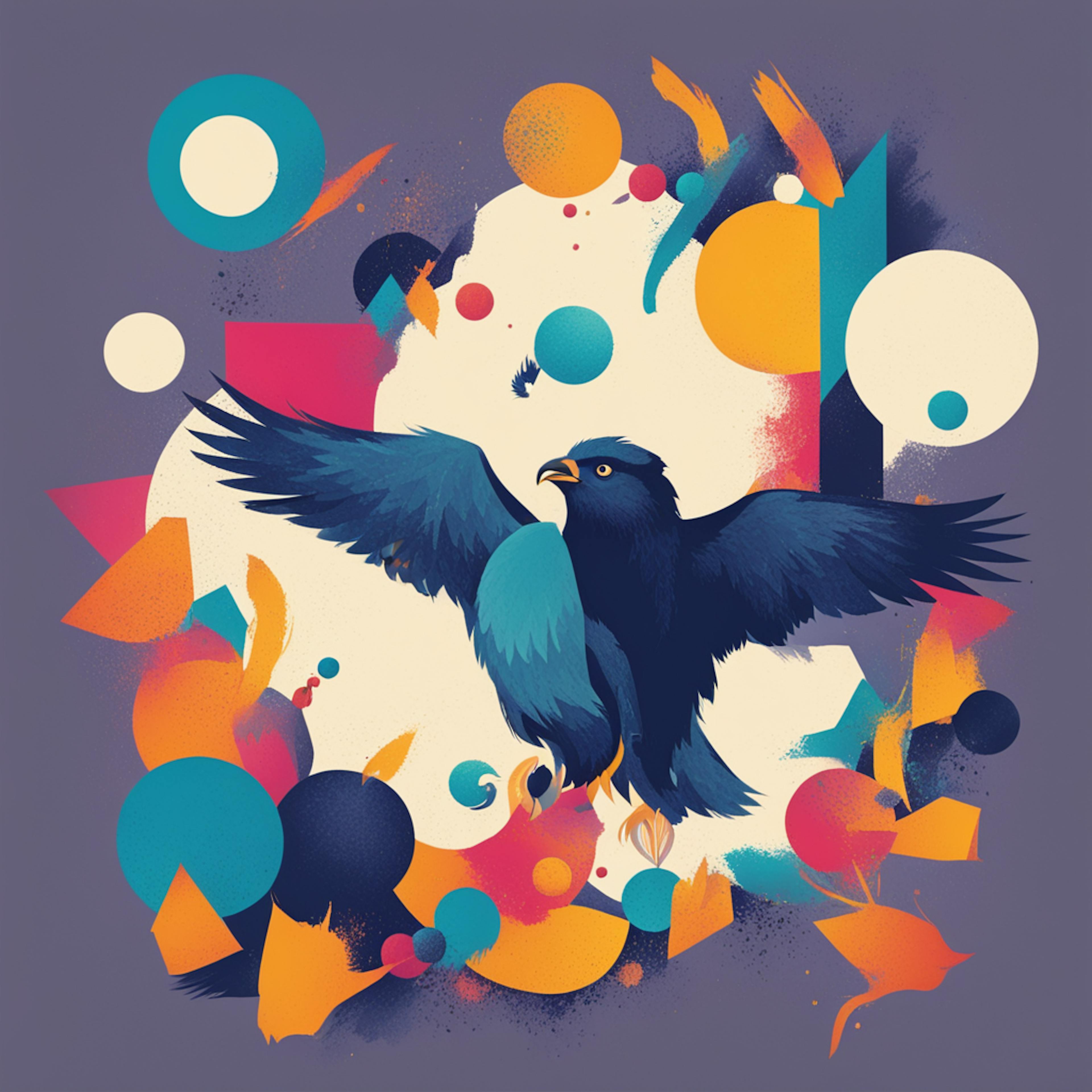 A vibrant and abstract digital artwork featuring a bird in flight with bold, dynamic shapes and colors in the background, symbolizing creativity and innovation. Websites for designing.