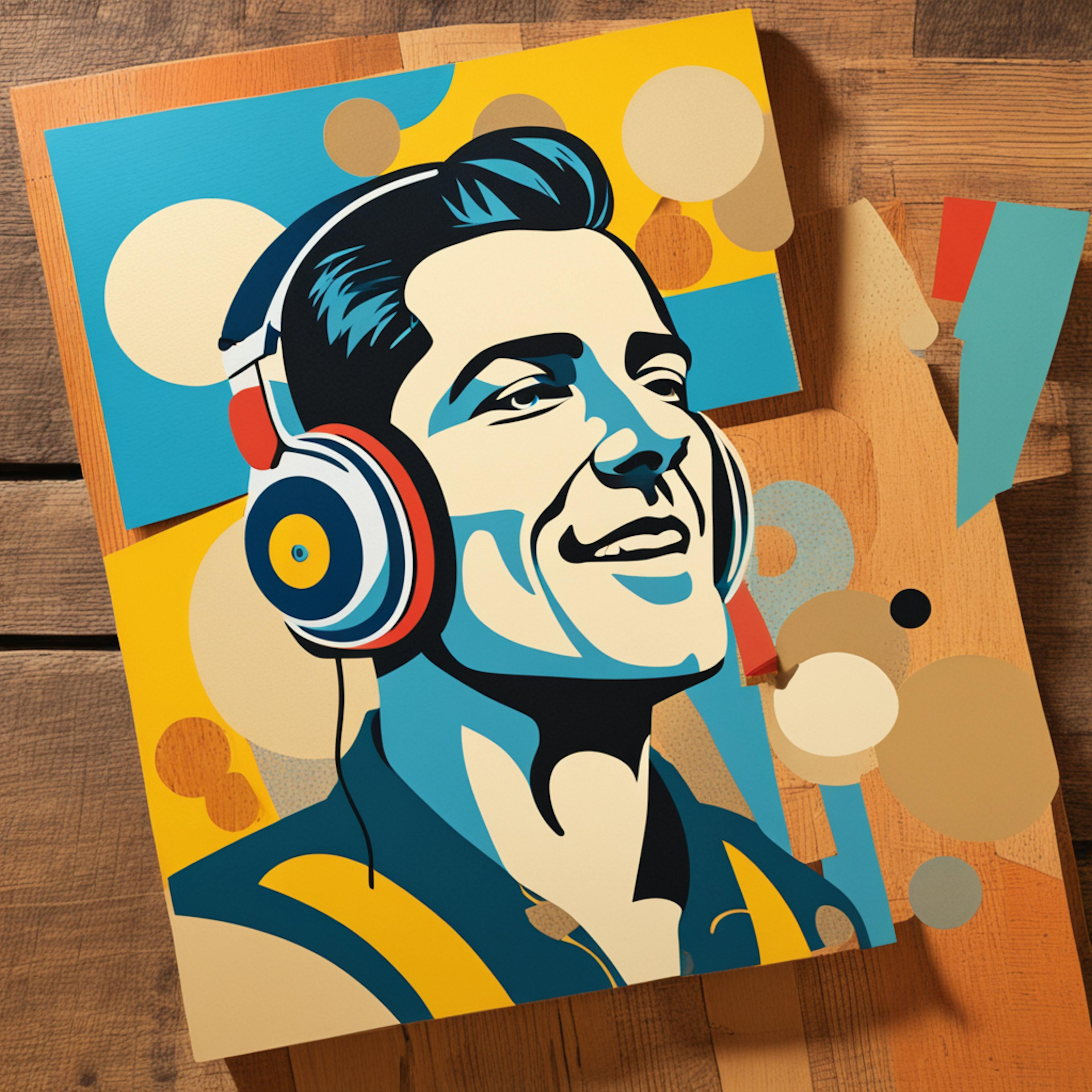 A vibrant illustration of a person wearing headphones, surrounded by abstract shapes and patterns. Audio video marketing.