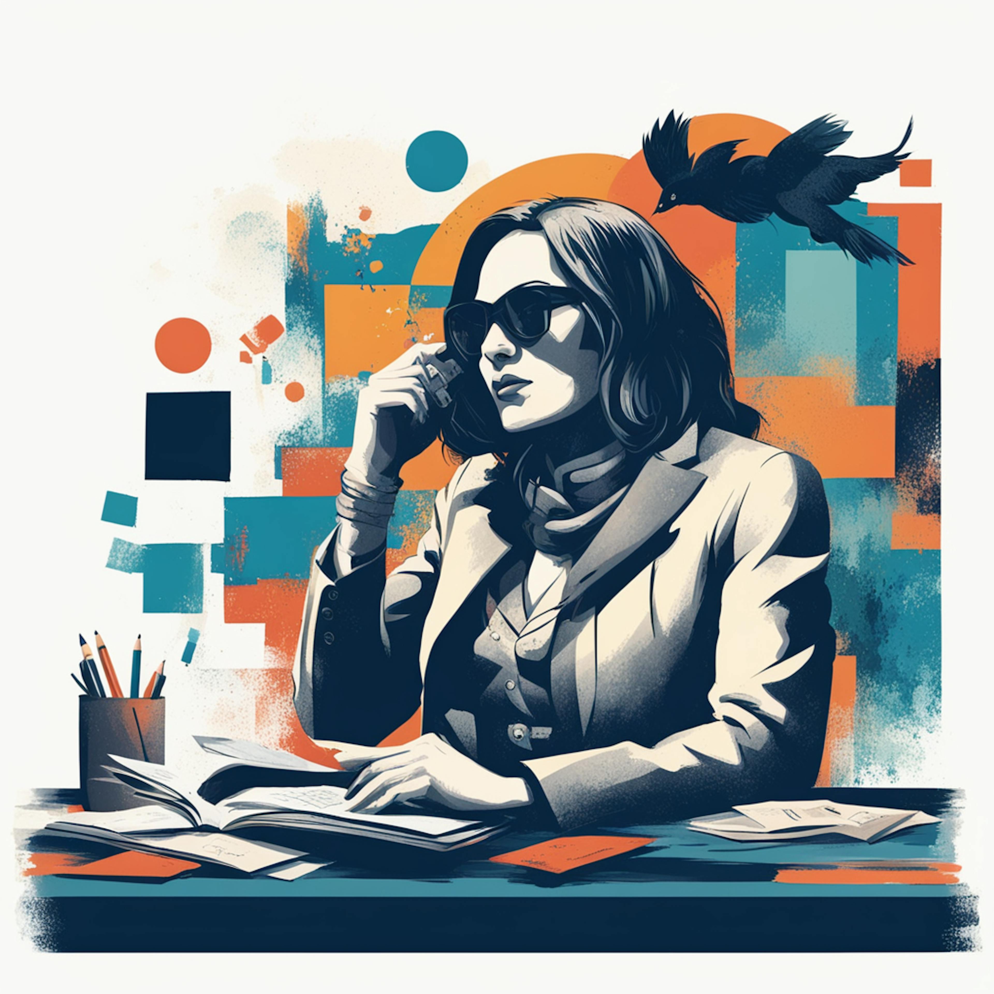 Stylized illustration of a woman in sunglasses sitting at a desk with an open book, surrounded by abstract shapes and a bird flying above, representing the Audi market.