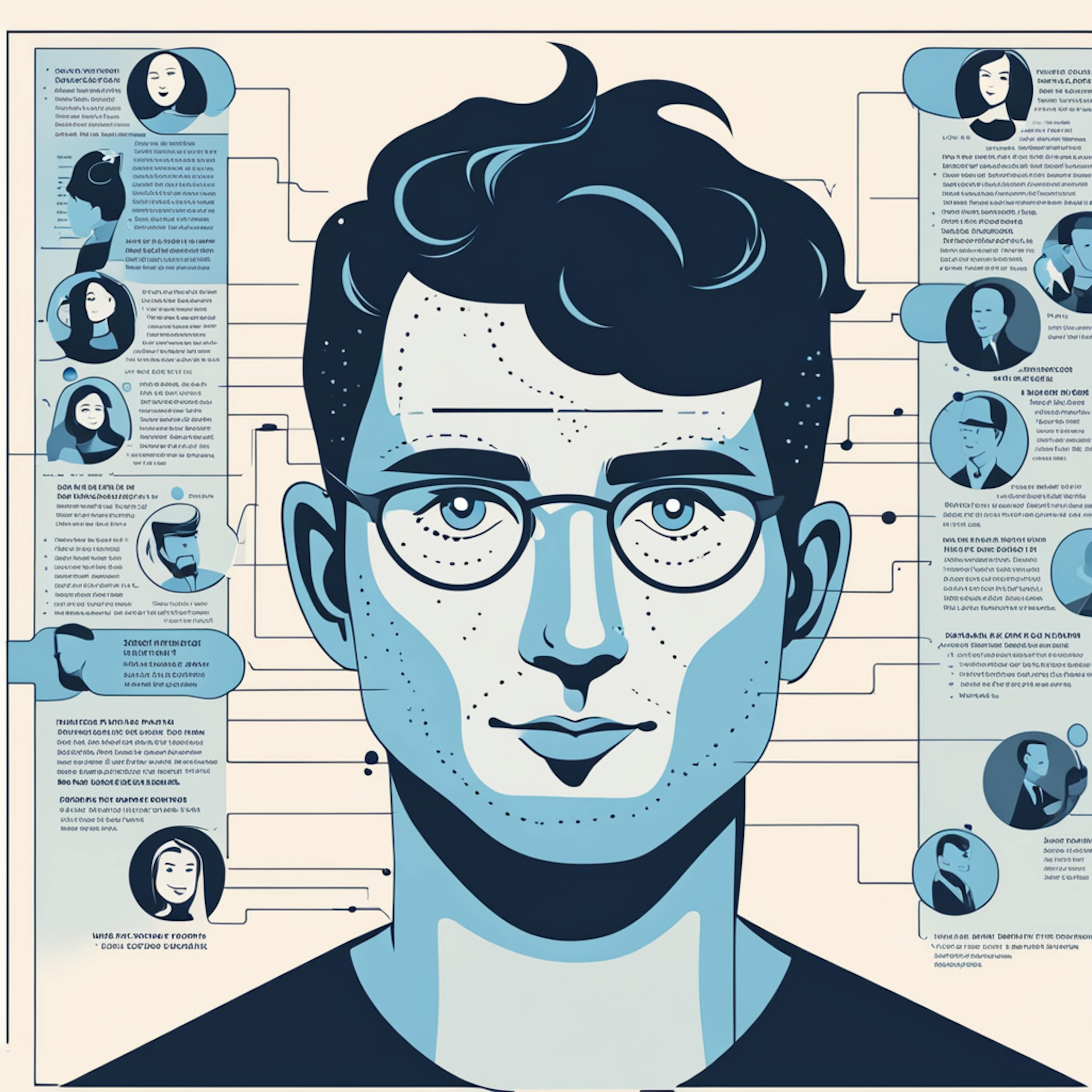 An illustration of a man with glasses, surrounded by various icons and text. The design has a blue color scheme with a detailed depiction of the man's face and informational elements around him. This image represents the use of "AI in digital marketing.