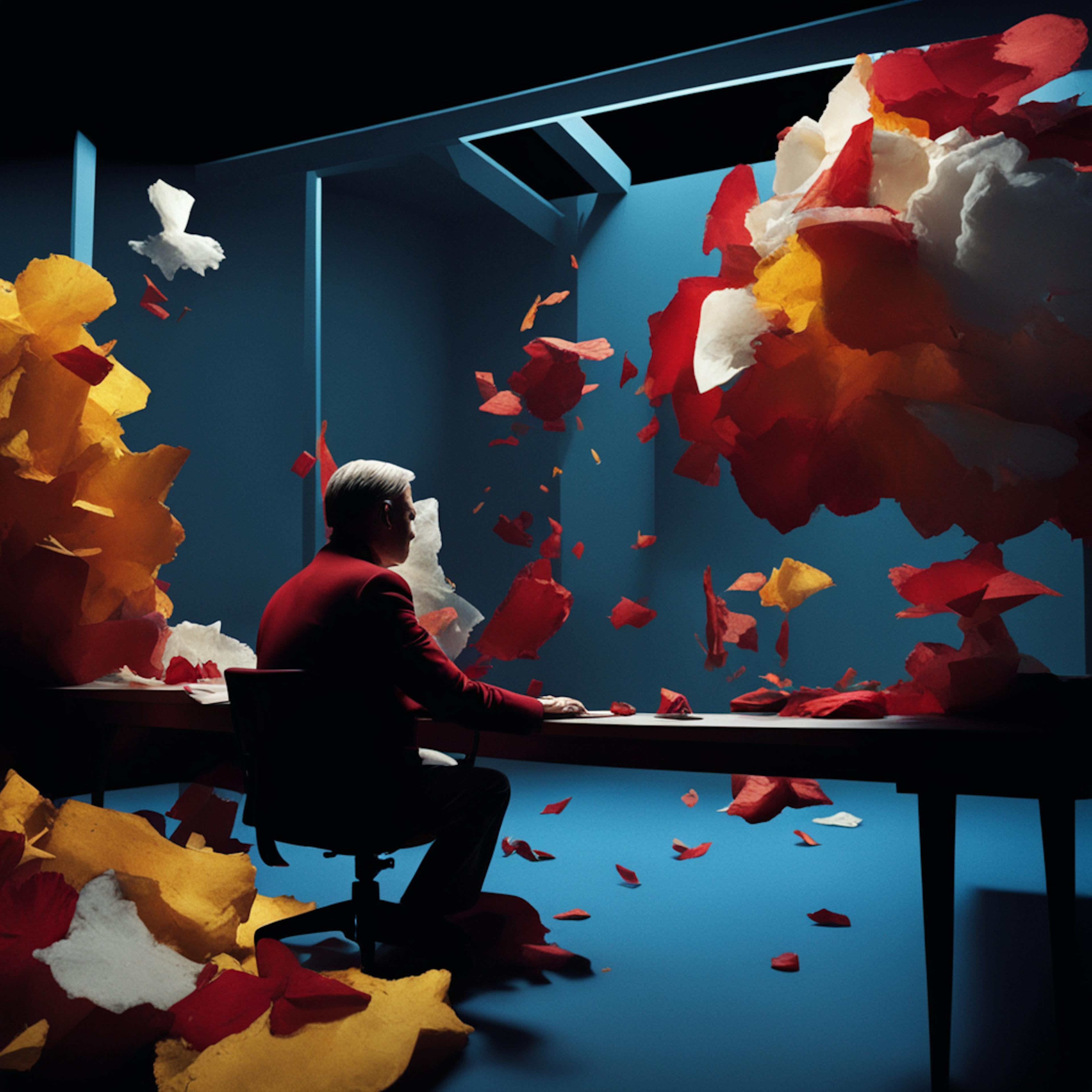 A man in a red jacket sits at a desk with colorful paper fragments floating around him.