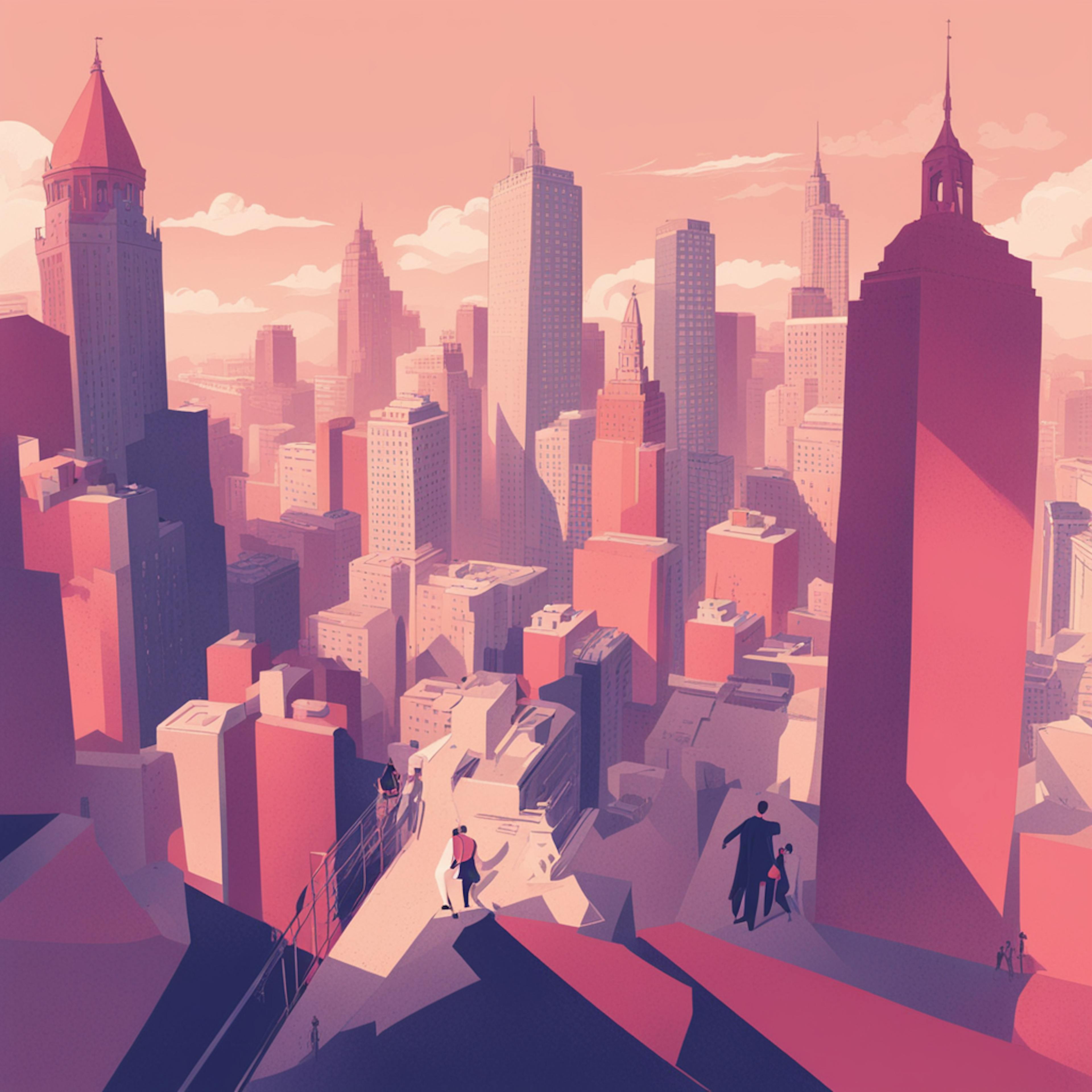 A stylized cityscape bathed in shades of pink and orange, with tall skyscrapers and people walking on rooftops and platforms.