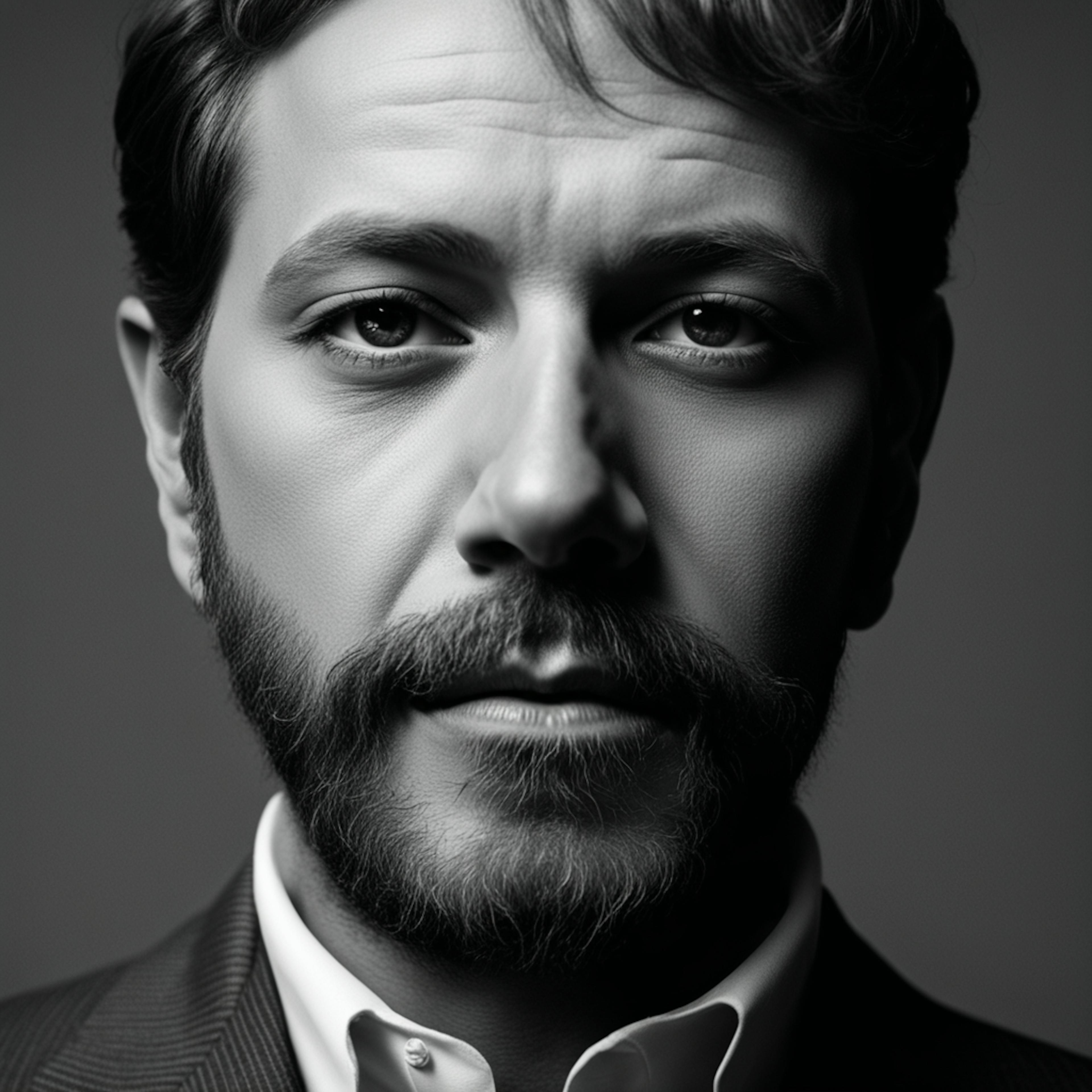 A close-up black and white portrait of a serious man with a beard, wearing a suit and gazing directly into the camera, representing a professional or creative director.