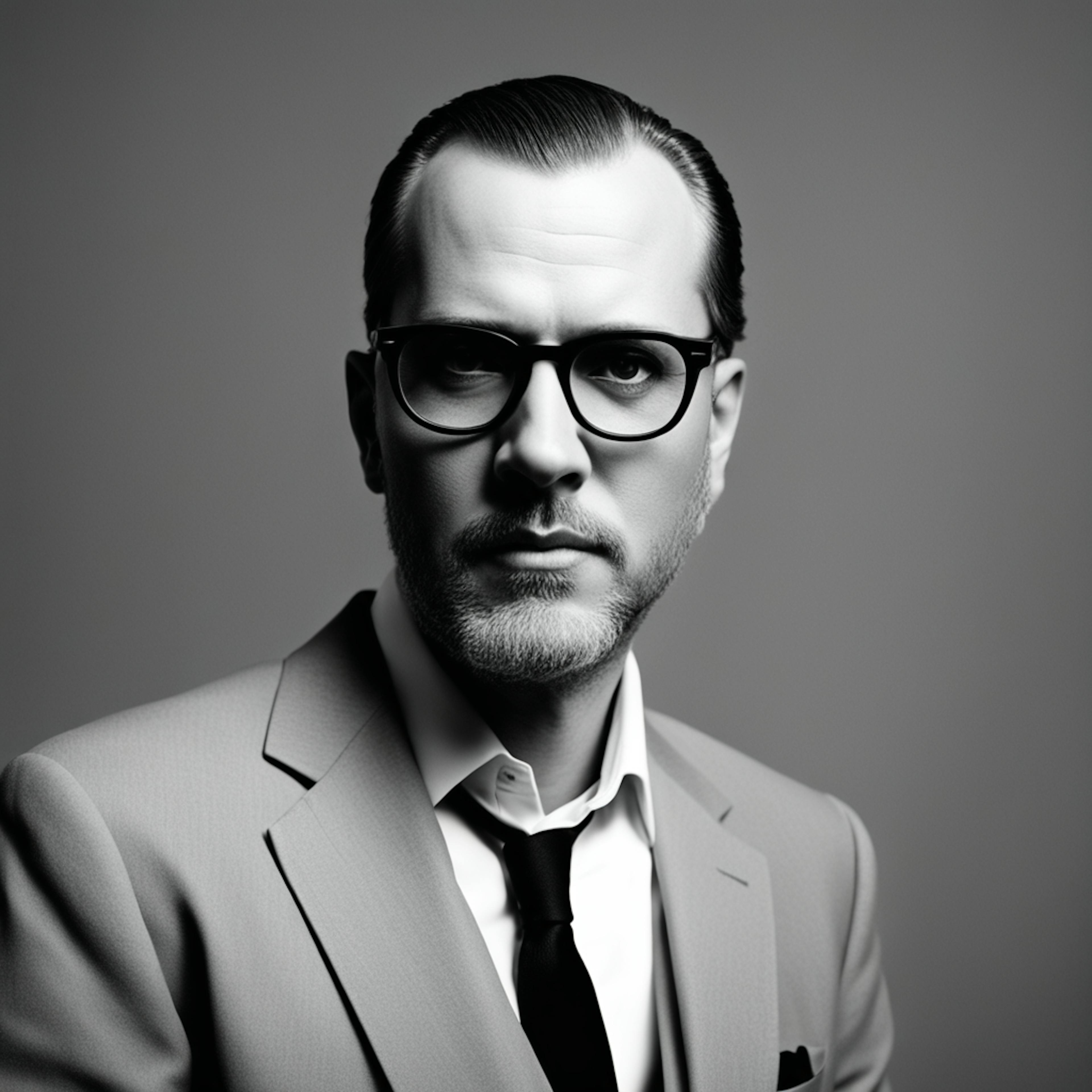 A black and white portrait of a man with glasses, wearing a suit and tie, looking confidently at the camera, symbolizing a professional or creative director.