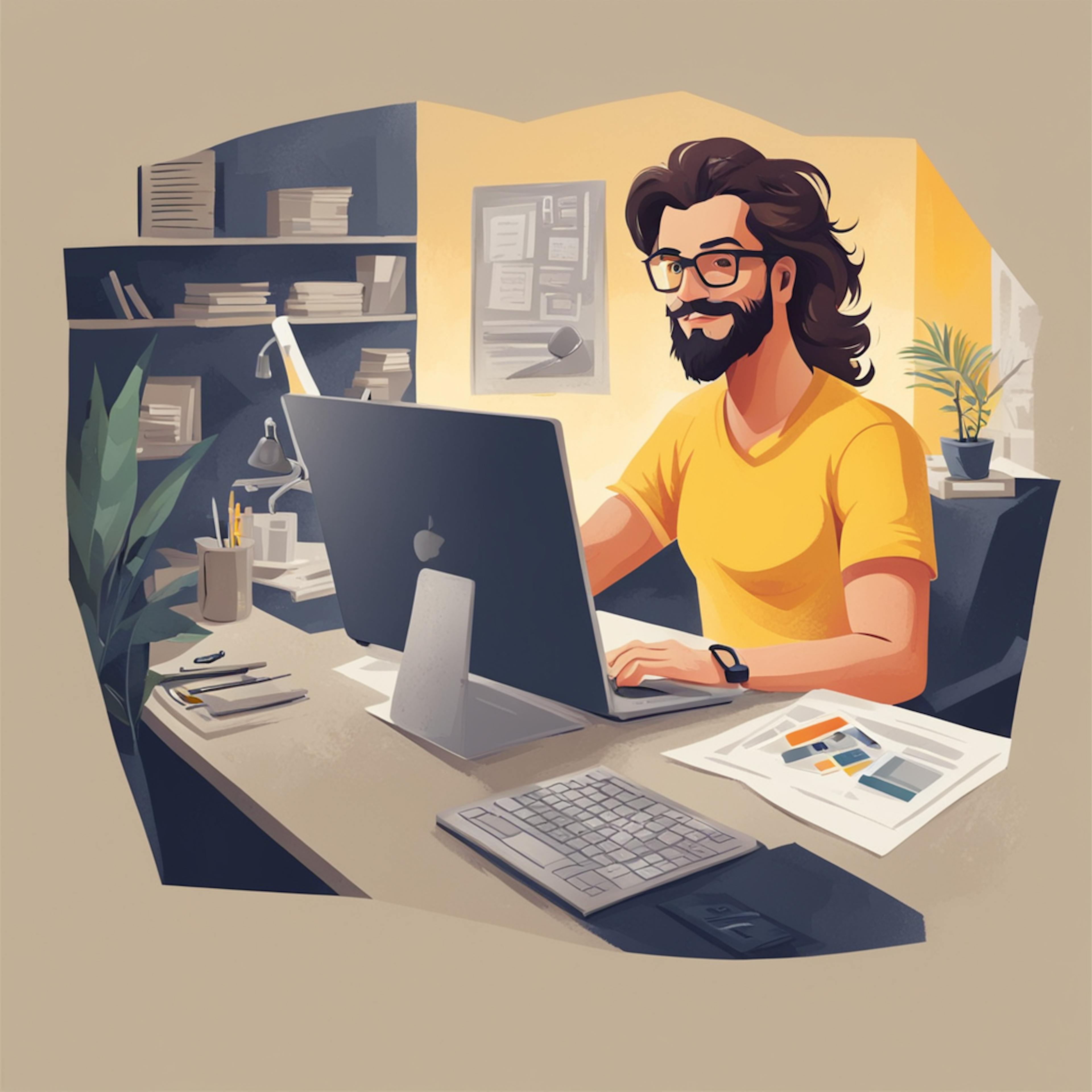 An image of a male with long hair, a beard, and a yellow shirt perfectly captures the essence of a dedicated copywriter immersed in their craft.