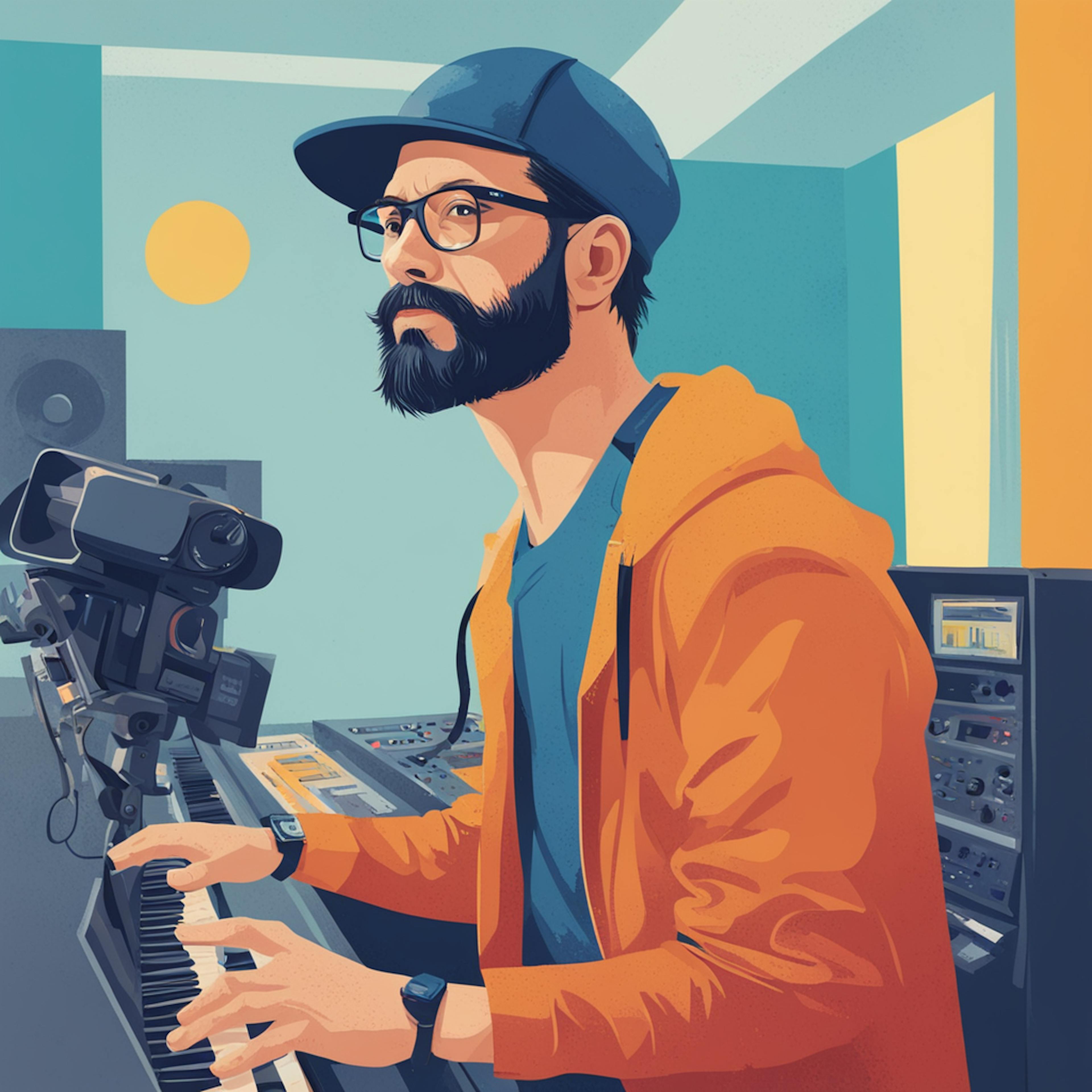 A stylish illustration of a bearded man wearing glasses and a blue cap, focused intently on playing a keyboard in a modern music studio. He is dressed in an orange hoodie and appears absorbed in his creative work. The background features a variety of music equipment, including speakers, mixers, and a video camera, indicating a multimedia production environment. The room is painted in vibrant shades of blue and yellow, adding to the dynamic and energetic atmosphere. This image captures the essence of a dedicated music producer or multimedia artist at work.