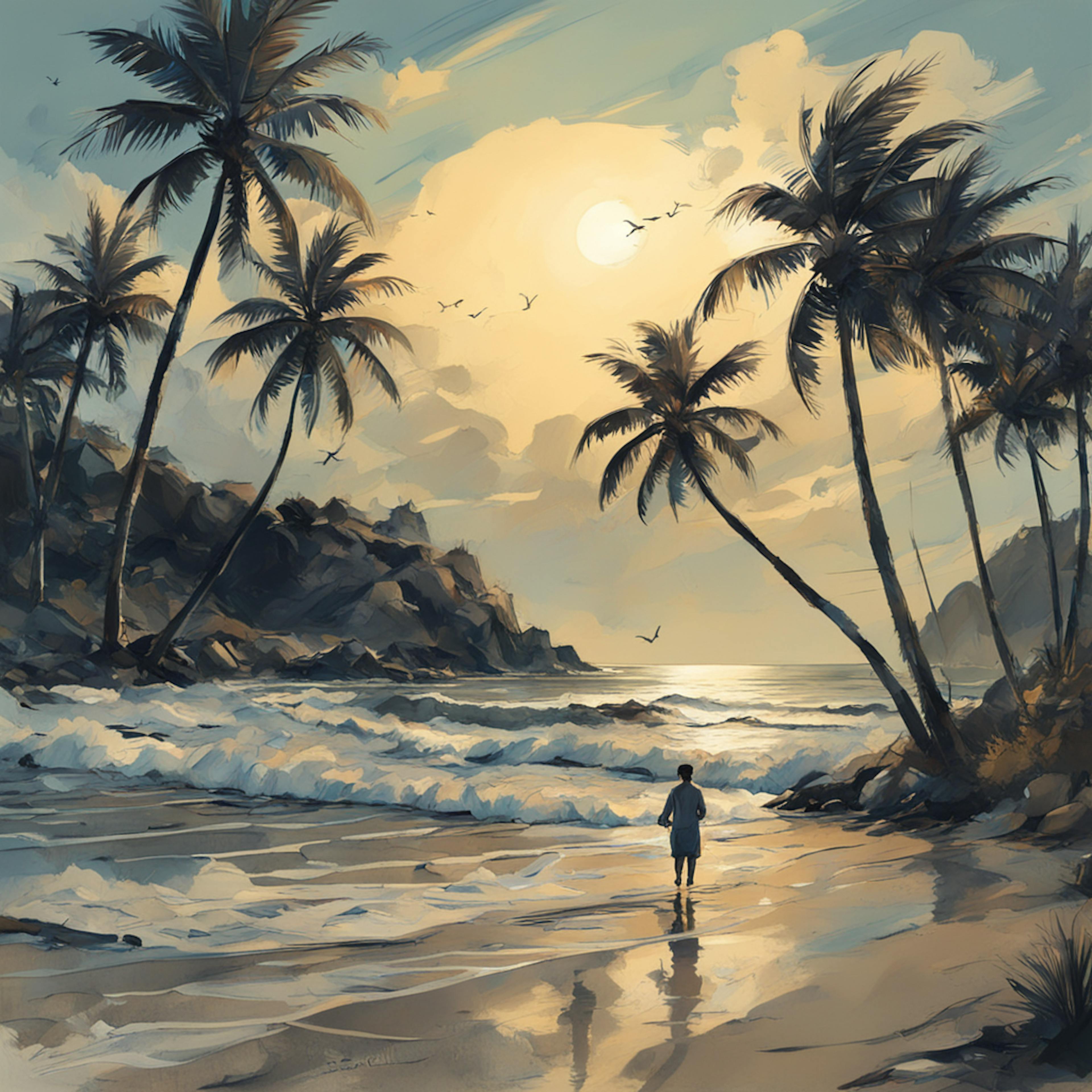 A serene beach scene at sunset, with gentle waves lapping the shore. Silhouetted palm trees frame the composition, and a solitary person stands at the water's edge, gazing out at the horizon. The sky is painted in warm hues of orange and yellow, with scattered clouds and a flock of birds flying overhead, creating a tranquil and contemplative atmosphere.