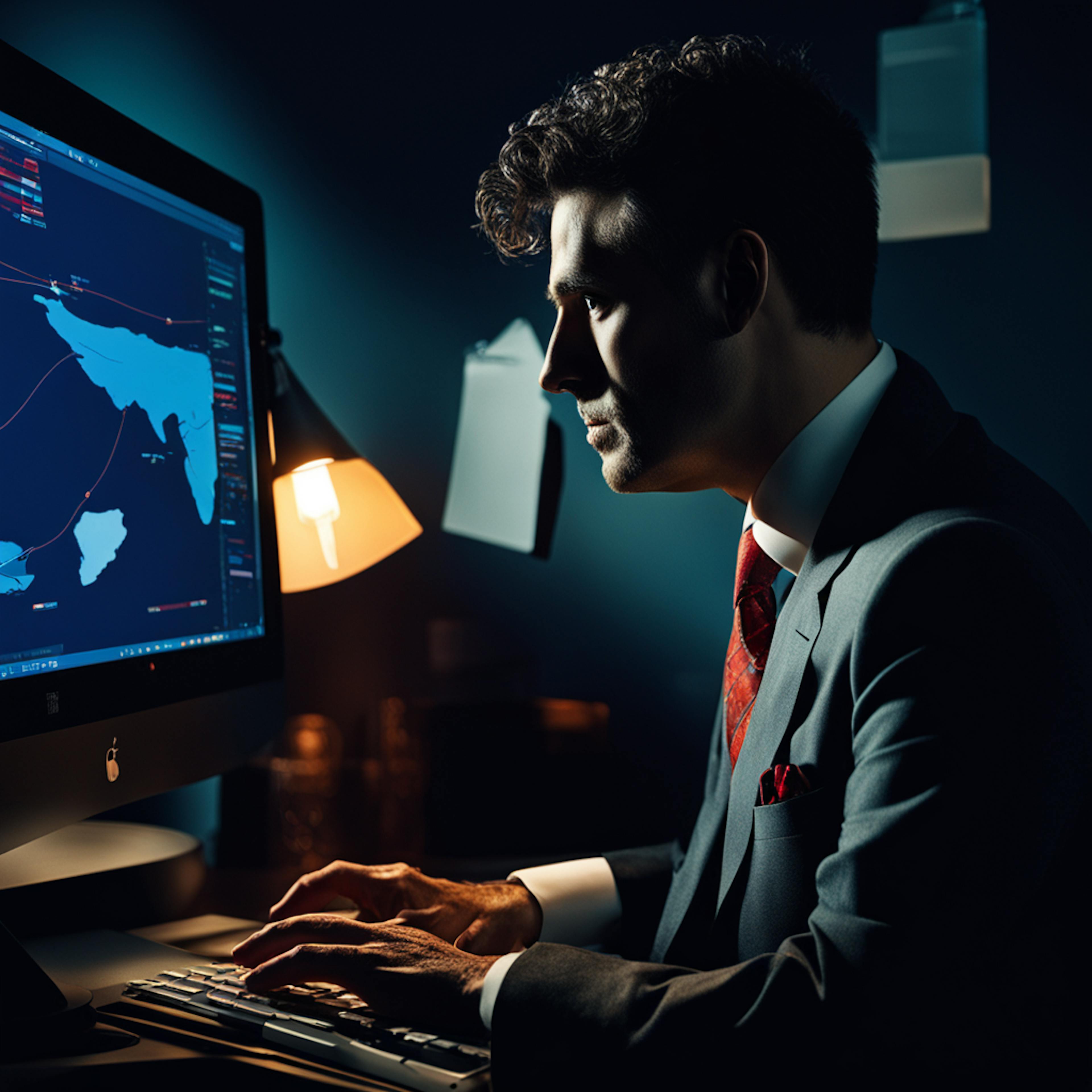 A focused man in a suit and red tie works intently at his computer in a dimly lit office. The screen displays a digital map with data points and lines connecting different locations. A desk lamp casts a warm glow, highlighting his concentration. Documents and papers float in the background, suggesting an atmosphere of intense analysis and strategic planning. This image conveys a sense of professionalism and dedication in a high-stakes environment.