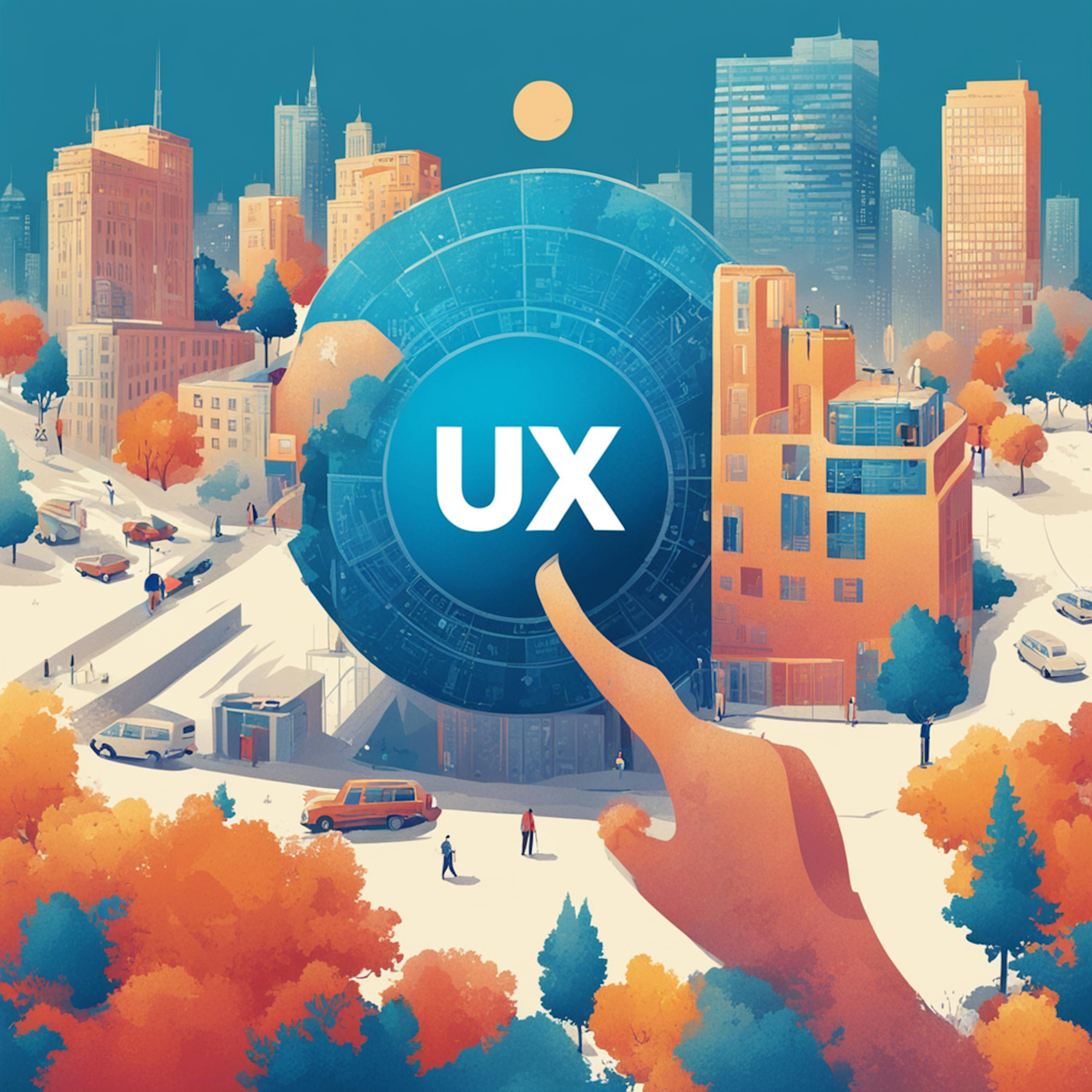 A vibrant cityscape with modern buildings and bustling streets is depicted. In the foreground, a large circular interface element with the letters "UX" is prominently displayed. A hand reaches out to touch this element, symbolizing interaction and user experience. The scene is filled with autumnal colors, with trees in shades of orange and red, adding warmth to the urban setting. The overall image conveys the importance of user experience design in a dynamic and interconnected environment.