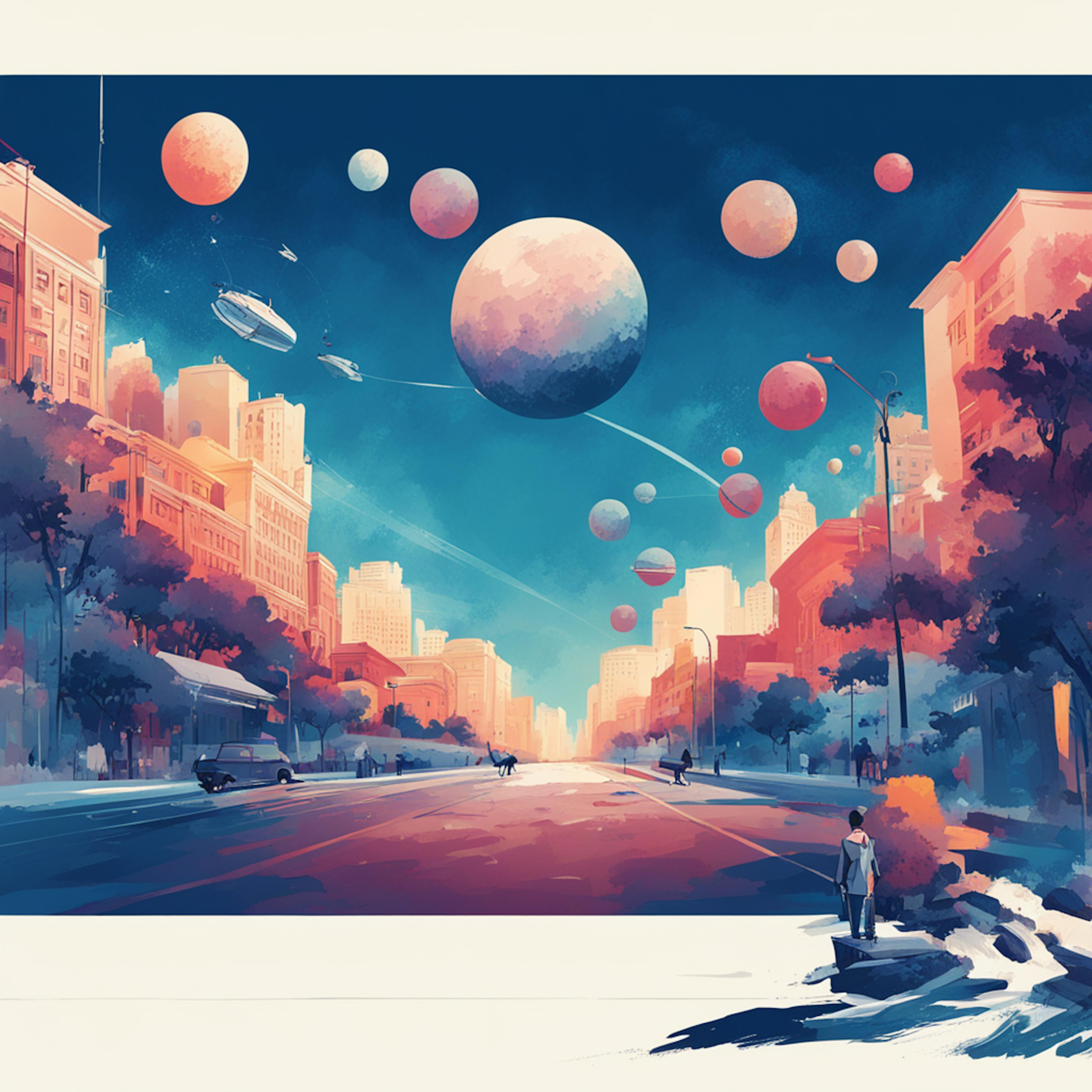 A surreal cityscape with towering buildings bathed in warm hues of pink and orange against a deep blue sky. Numerous large, spherical planets float above the city, connected by sleek, futuristic pathways. People and vehicles are scattered along the wide, empty streets, adding a sense of scale and wonder. In the foreground, a person stands at the edge of a rocky shoreline, looking towards the fantastical scene, blending elements of nature and urban life in a dreamlike setting.