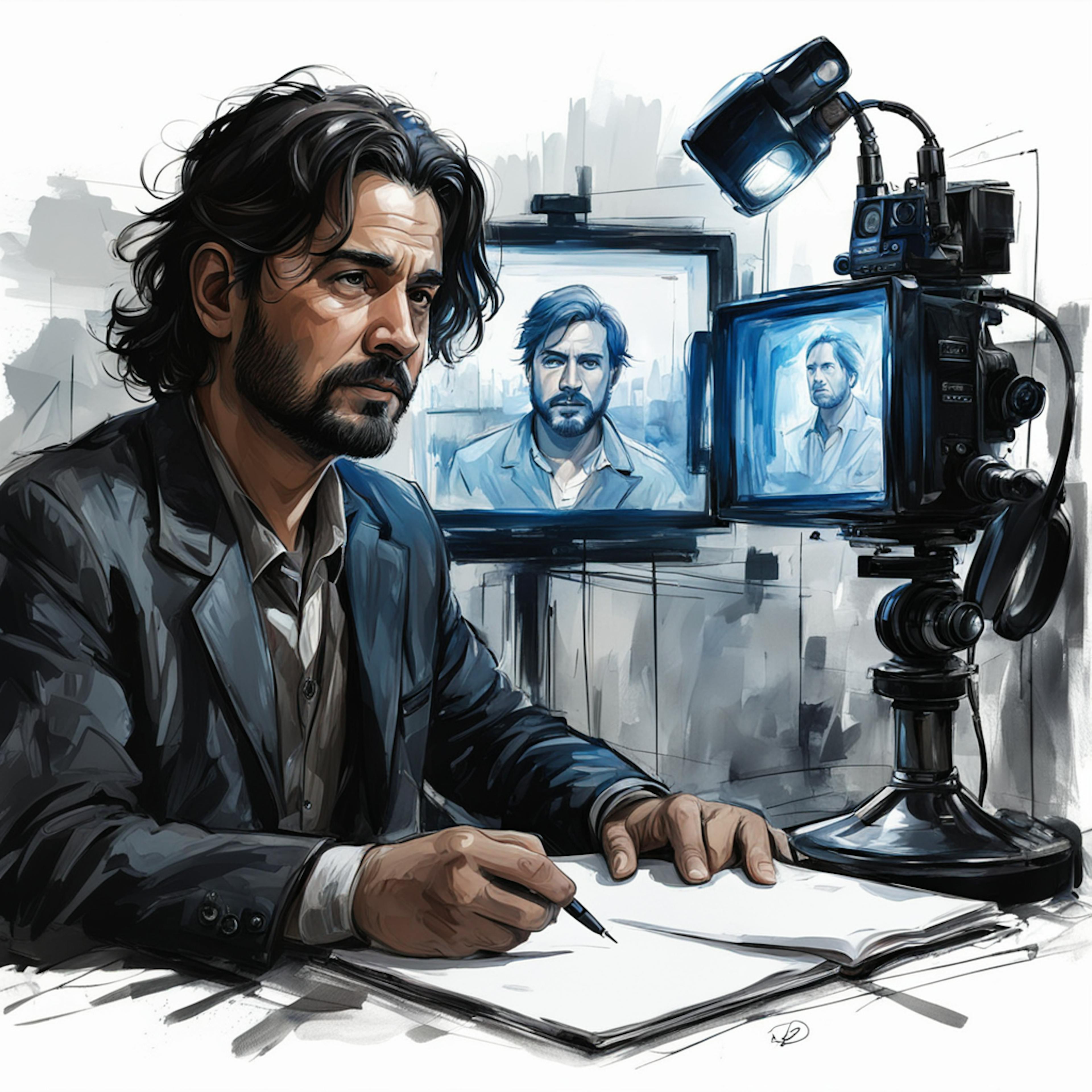 A man with wavy hair and a contemplative expression sits at a desk, writing in a notebook. He is dressed in a suit jacket and appears focused on his task. Behind him, two monitors display his image, with a camera and lighting setup aimed at capturing his likeness. The scene is illustrated with a blend of realism and artistic brush strokes, giving it a dynamic and creative feel. This image evokes the atmosphere of a thoughtful creator or a professional deeply engaged in his work.