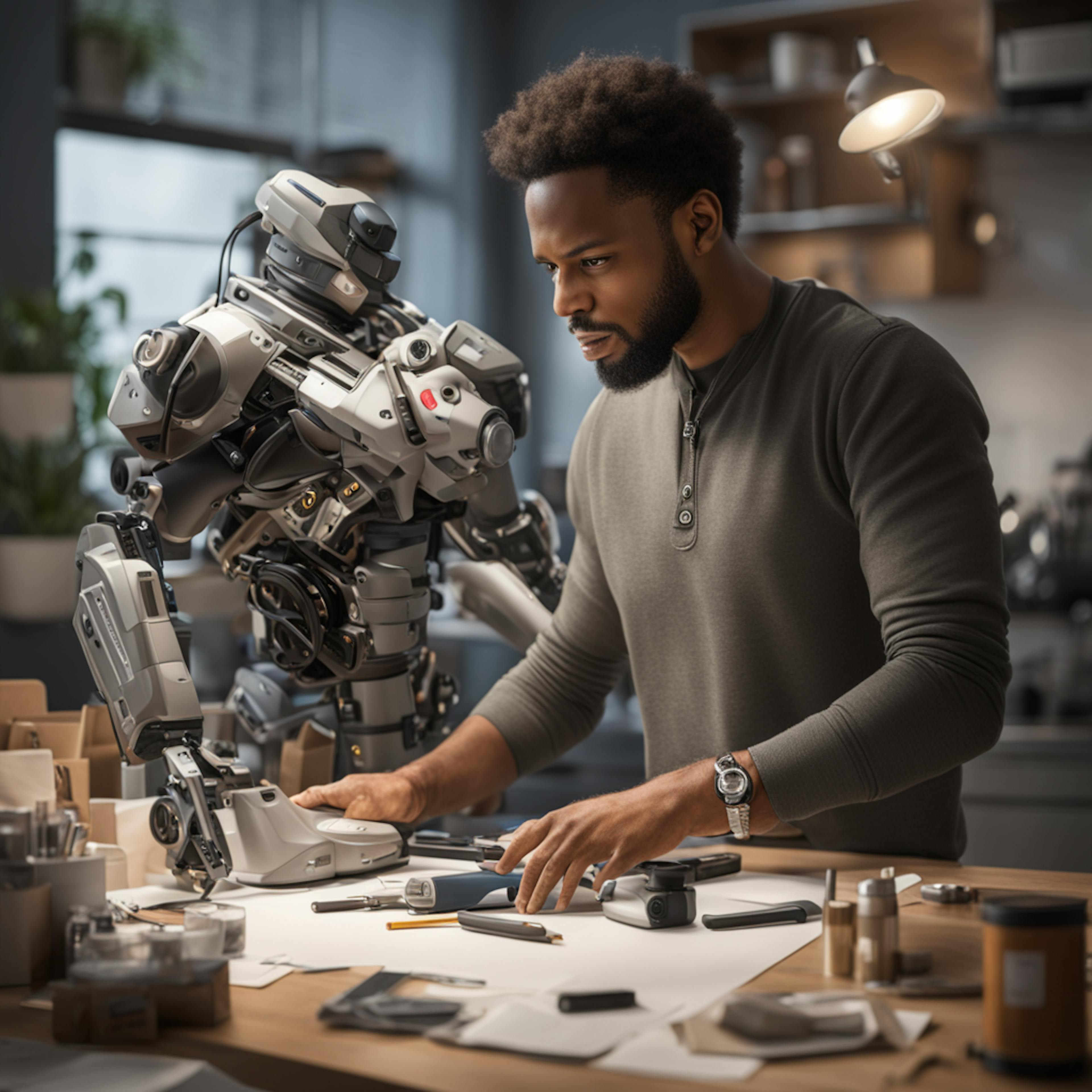 A dedicated engineer is working in a modern, well-equipped workshop, intensely focused on assembling a sophisticated robot. The man, with a neatly trimmed beard and wearing a casual yet professional long-sleeved shirt, carefully adjusts components on the robot's arm. The workspace is filled with various tools, parts, and technical drawings, reflecting a high level of craftsmanship and precision. The setting is well-lit with a combination of natural and artificial light, emphasizing the meticulous nature of his work and the advanced technology involved. This image captures the essence of innovation and the human-robot collaboration in engineering.