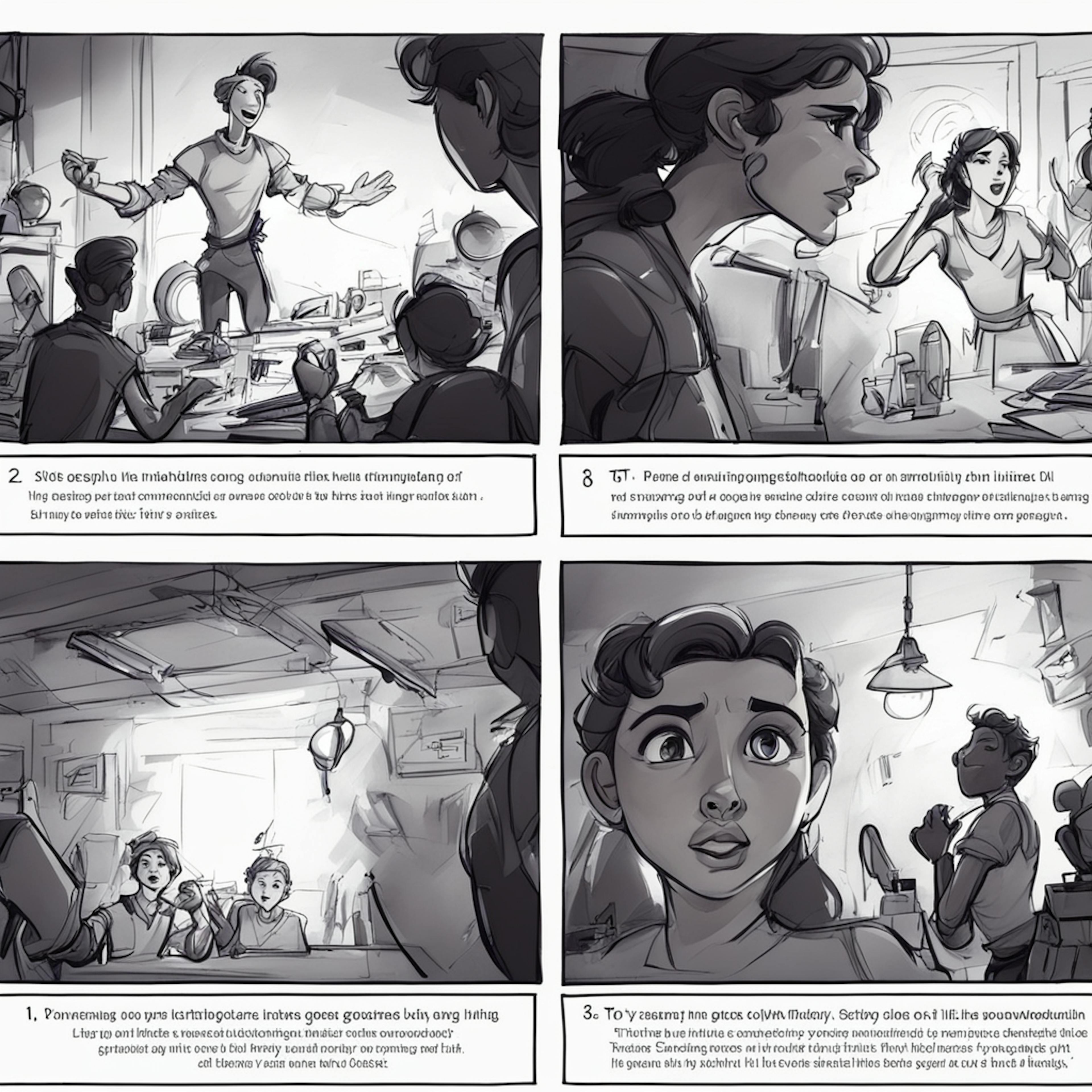 A black-and-white storyboard featuring four panels, each illustrating different scenes of a young woman and her colleagues in an animated workshop. The first panel shows the woman speaking energetically to a group, with various tools and equipment around. The second panel captures her looking concerned while another person gestures emphatically. The third panel focuses on her face, showing a mix of worry and determination, as she observes the situation. The fourth panel reveals a dynamic discussion among the team, indicating a critical moment in their project. The overall atmosphere is one of collaboration, tension, and problem-solving.