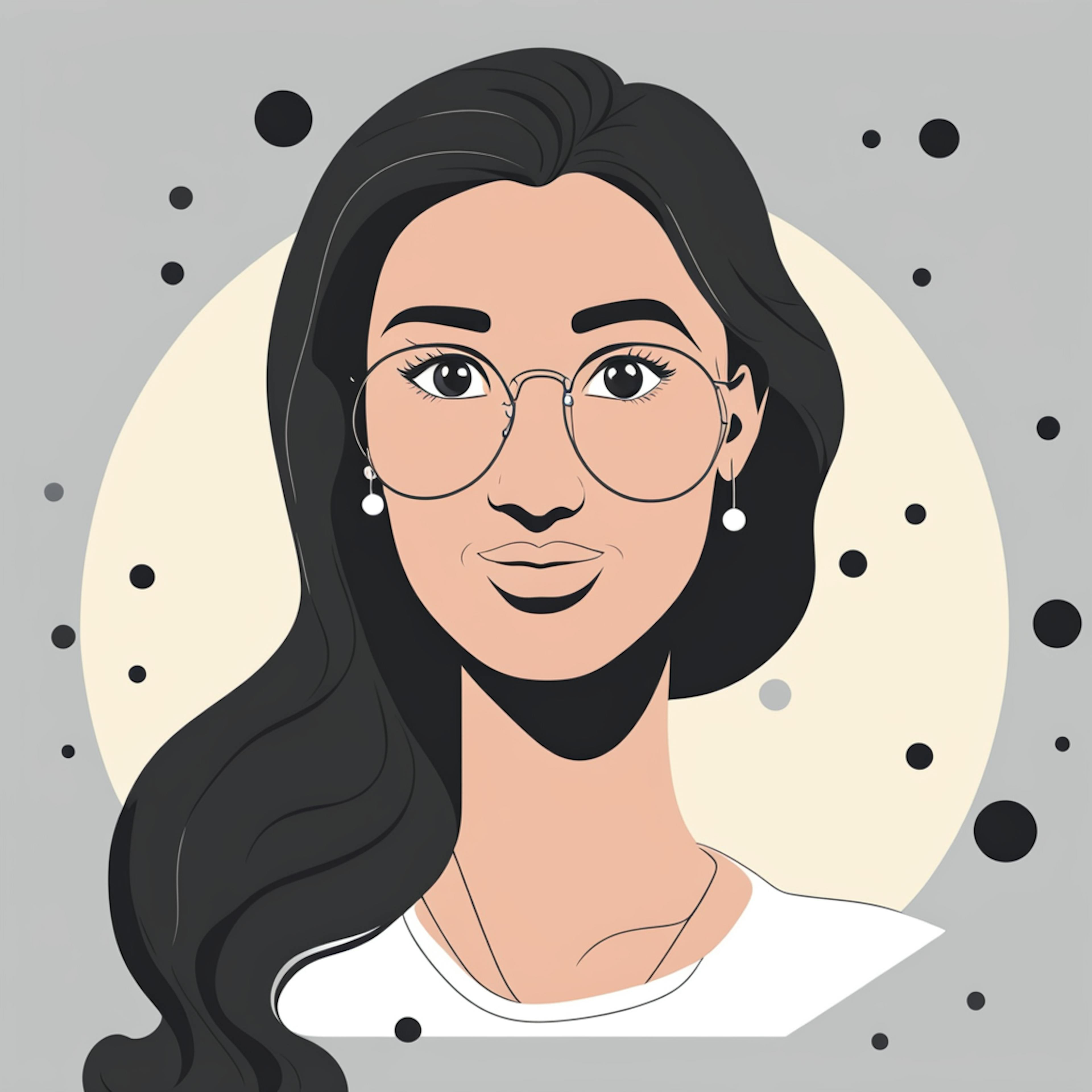 A stylish, minimalist illustration of a woman with long, flowing black hair, wearing glasses and pearl earrings. She has a calm and confident expression, and her attire is a simple white top. The background is a light grey with abstract black and grey circles scattered around, creating a modern and elegant design. This image captures the essence of a sophisticated and professional individual.