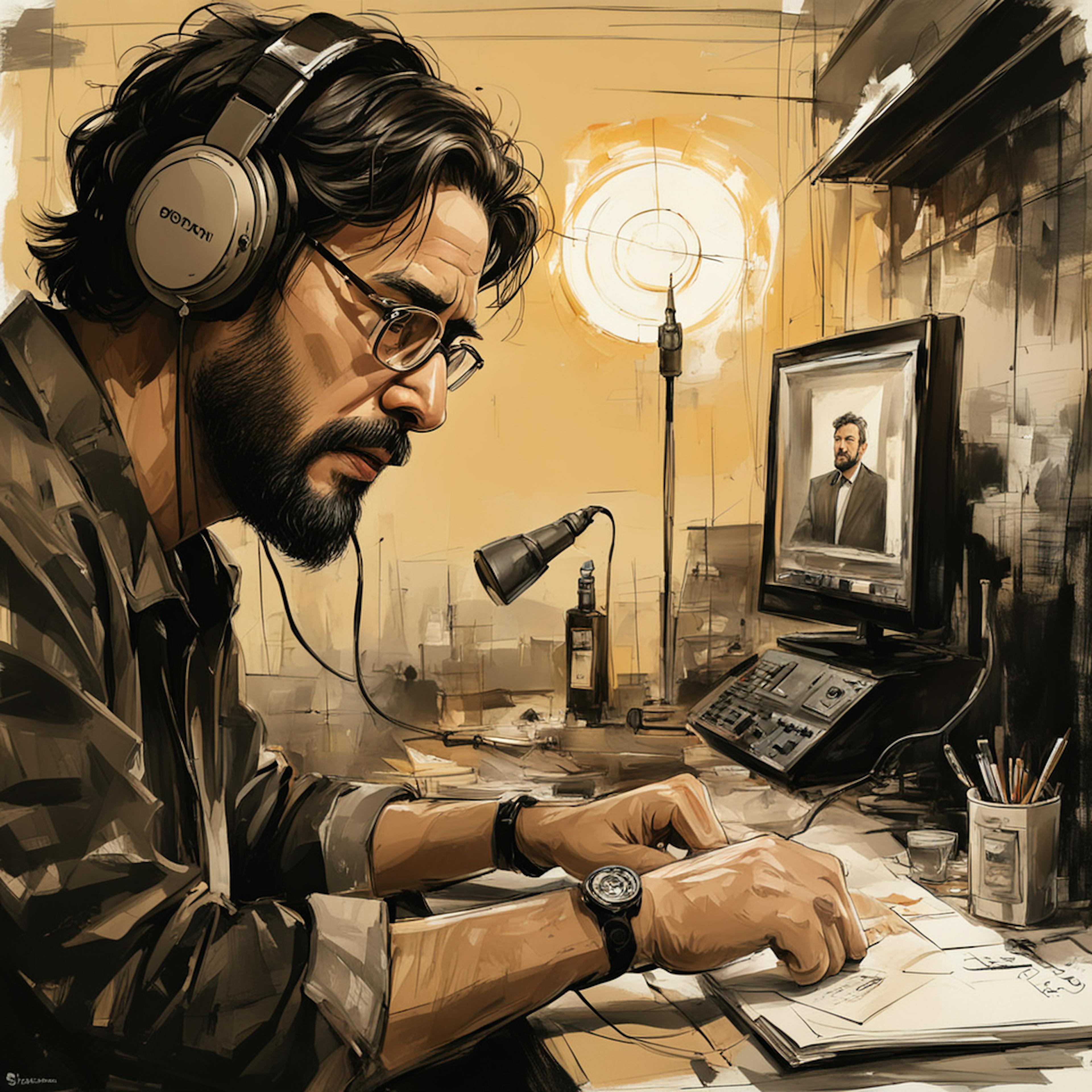 A focused man with wavy hair and glasses, wearing large headphones, sits at a cluttered desk covered with papers and sketches. He is intently drawing or writing, with a serious expression. Behind him, a computer screen displays a portrait of another man in a suit, and various audio equipment and a microphone are visible. The background is painted in warm tones, creating a cozy, creative workspace ambiance. This image captures the essence of a dedicated professional deeply engaged in his craft.