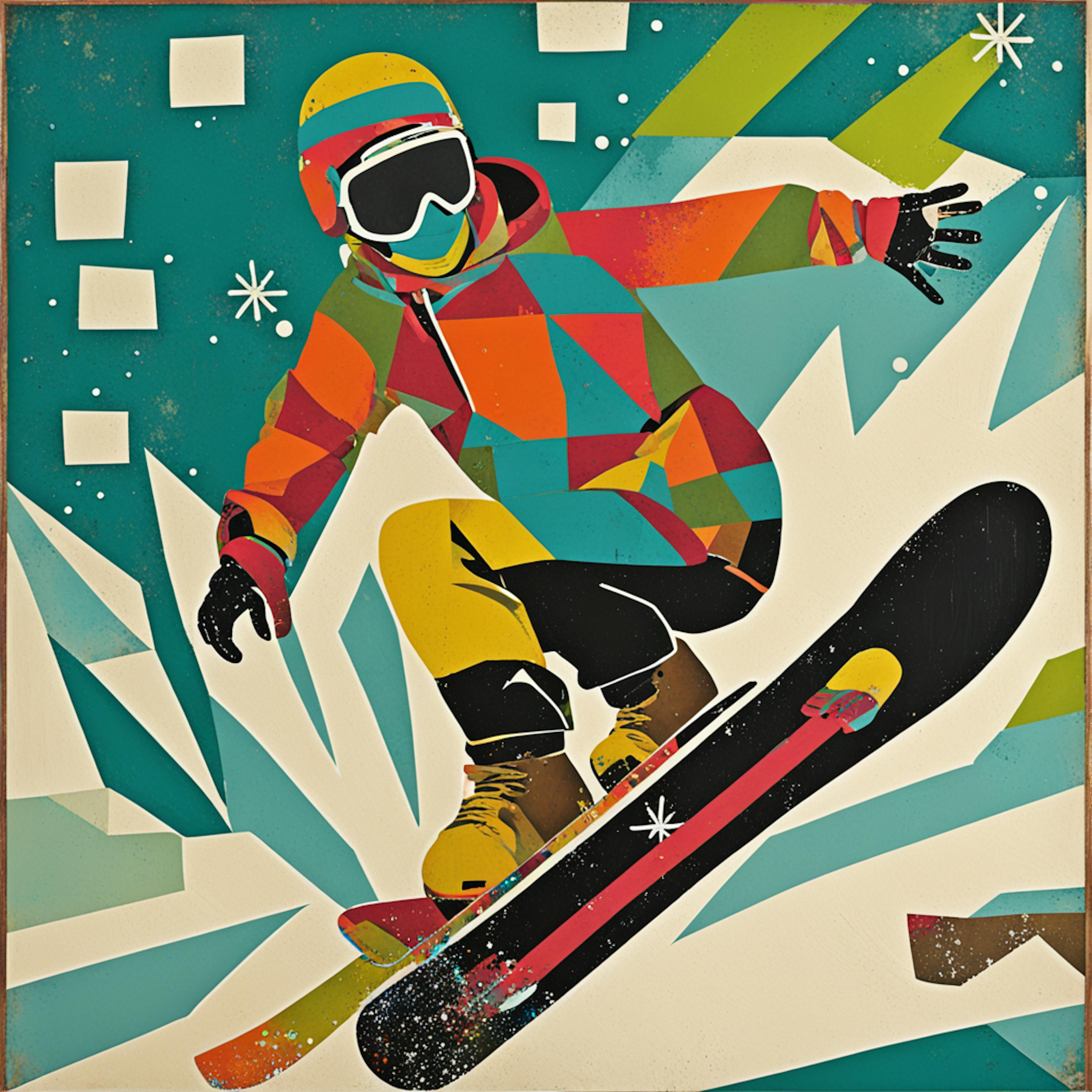 A vibrant, stylized illustration of a snowboarder mid-jump, set against a dynamic background of geometric shapes and patterns. The snowboarder is dressed in a colorful, patchwork outfit with a helmet and goggles, adding to the energetic and playful feel of the image. The background features bold splashes of teal, green, and yellow, with white accents resembling snowflakes and shards of ice, creating a sense of motion and excitement. This image captures the thrill and action of snowboarding in a lively, abstract art style.